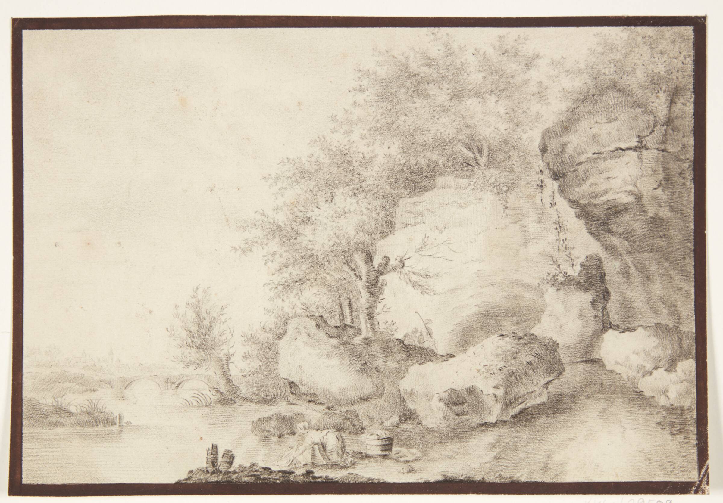 Sydlandsk bjerglandskab med vandløb og bro. I forgrunden vaskende kvinde, Johanna Fosie, 1726-1764