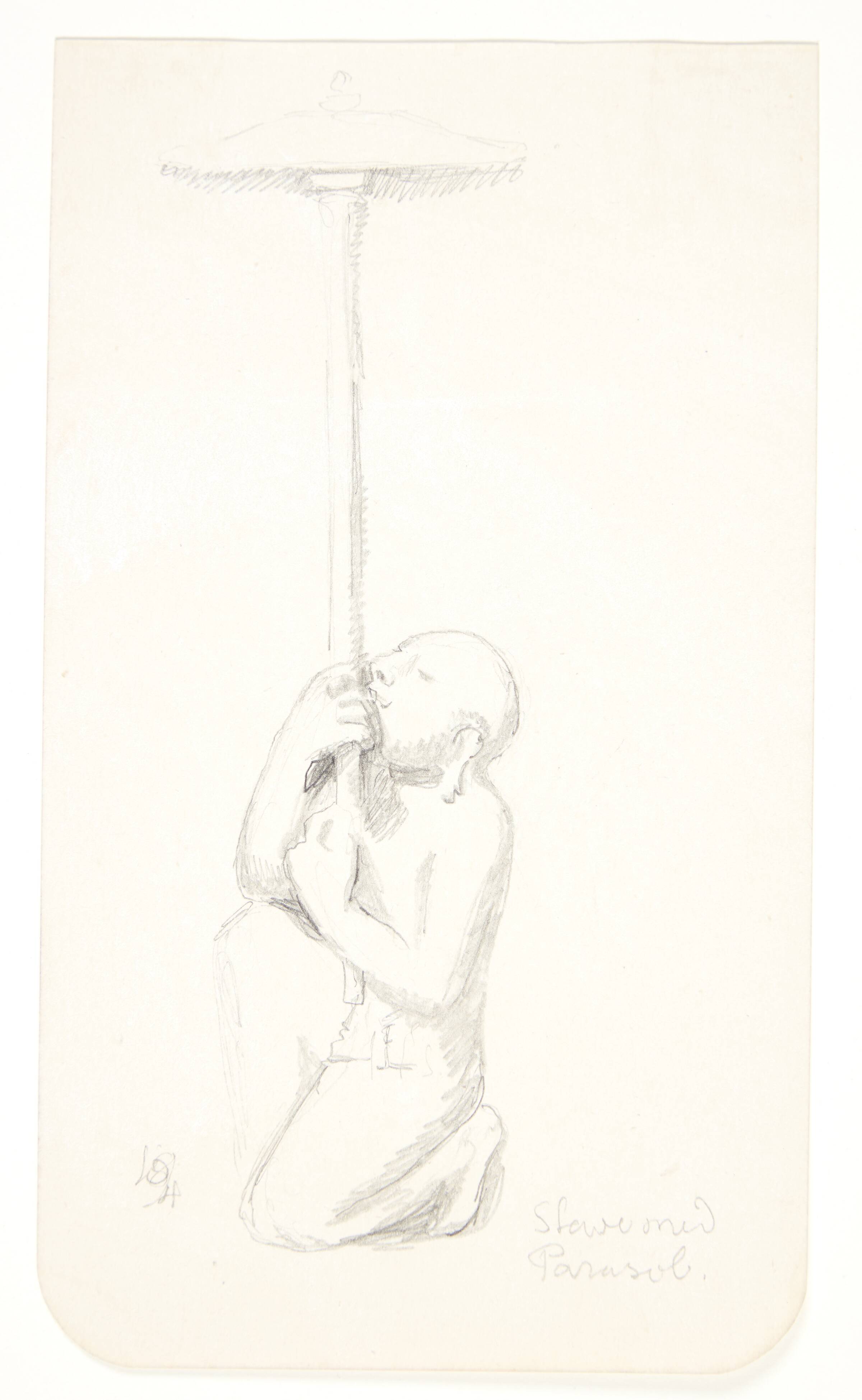 "Slave med parasol". Studieblad efter relieffer i Borobudur, Java., Svend Rathsack, 1921
