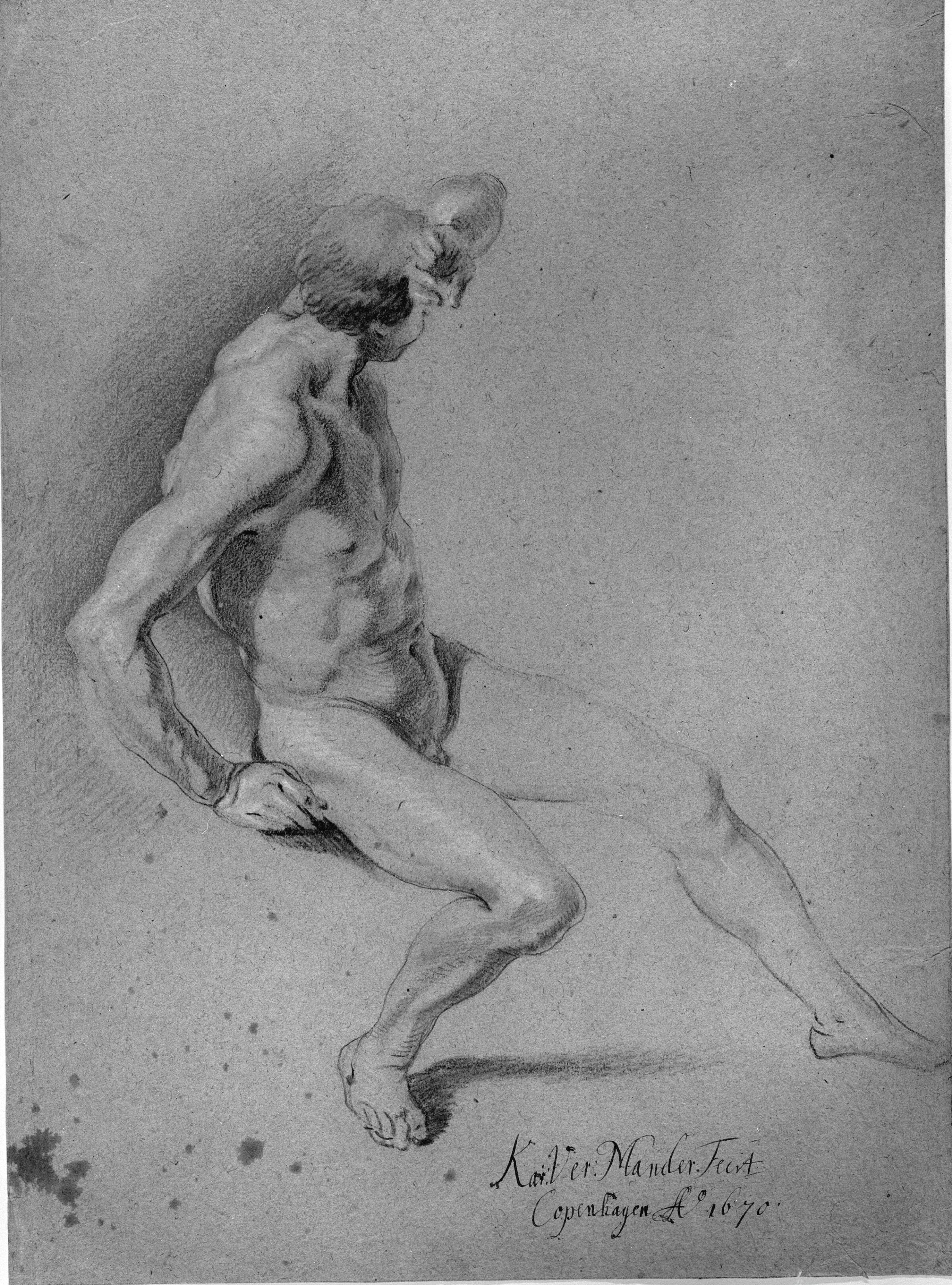 Siddende mandlig model, bortvendt hoved og venstre arm løftet for panden., Mander III, Karel van, 1668-1671