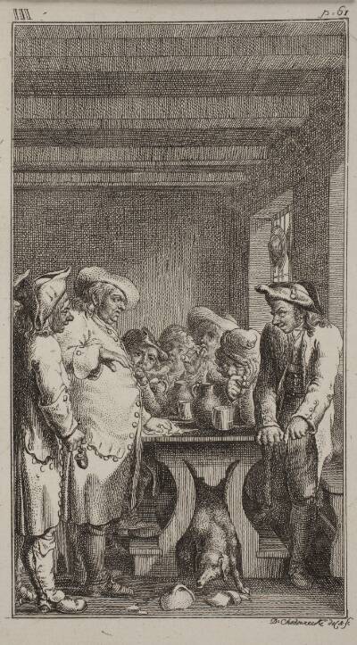 Des Scheerers Hund lekt das gefärbte Wasser, aus einem zerbrochenen Gefäfse unterm tisch, um welchem 4. Bauren sitzen, und 3. stehen, welche Taback rauchen und trinken. ob. III, p. 61.