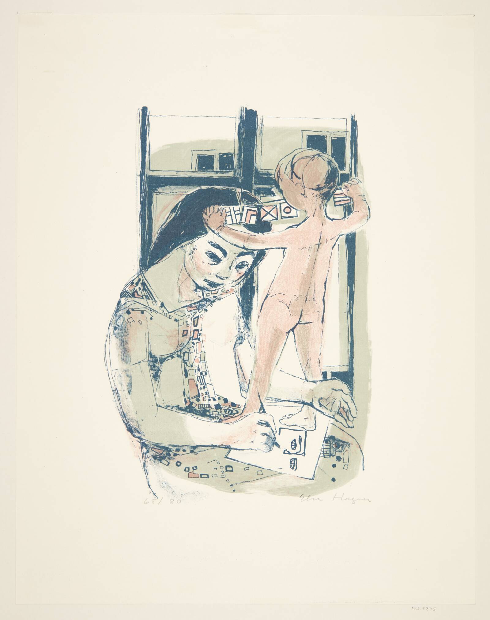 Kvinde, der tegner for et legende barn, Else Hagen, 1940-1950