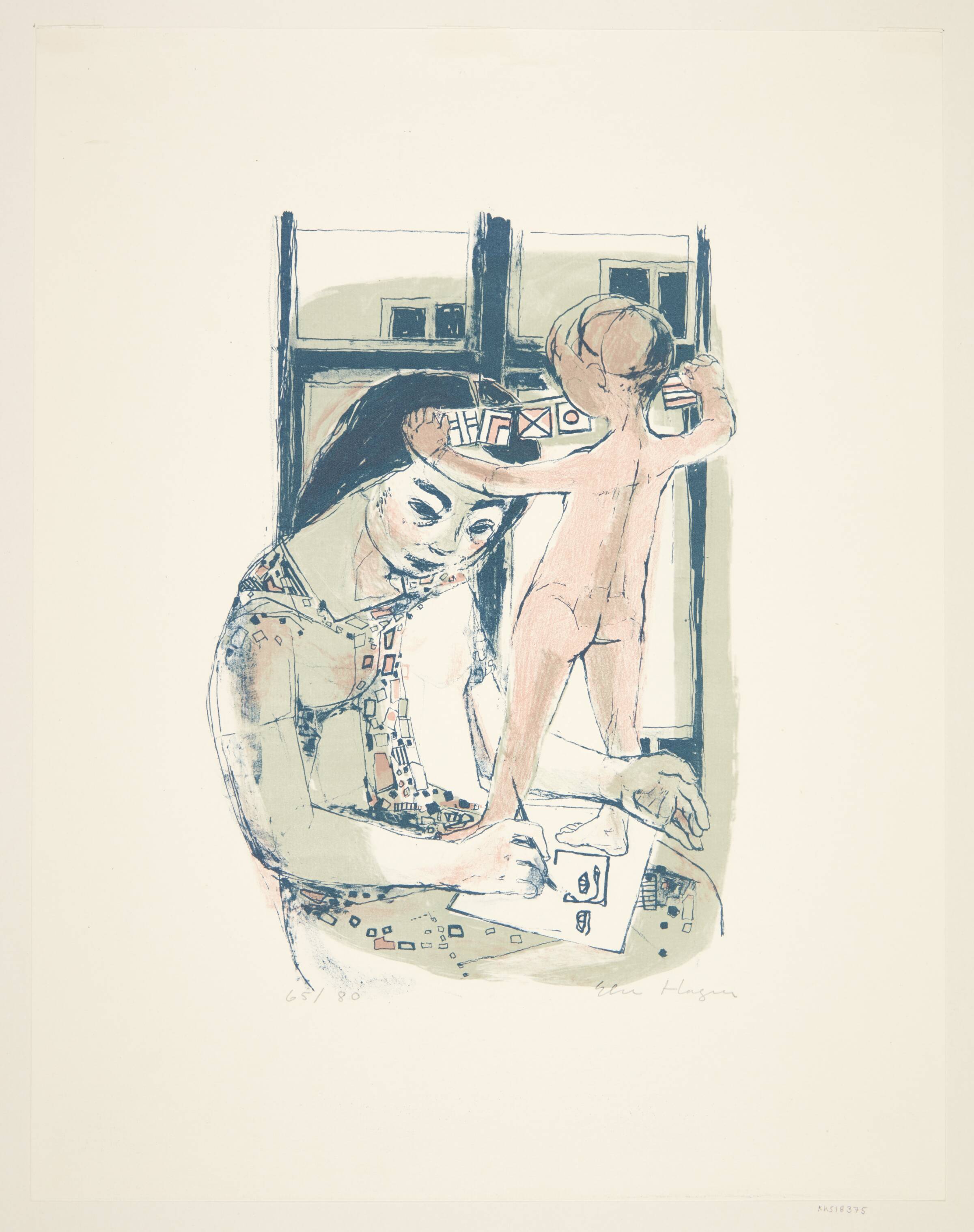 Kvinde, der tegner for et legende barn, Else Hagen, 1940-1950