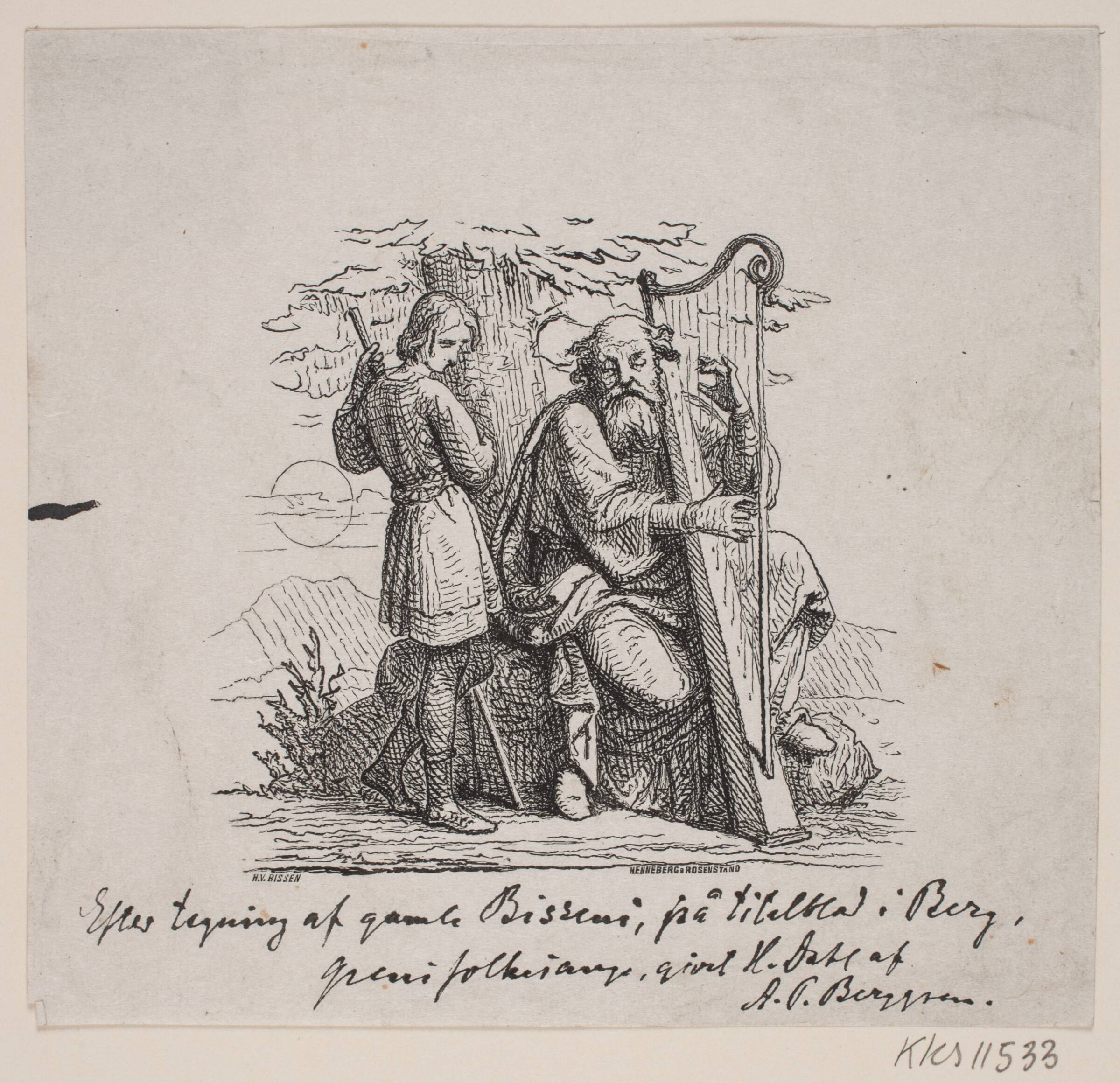 En gammel harpespiller og en dreng under et træ., Johan Frederik Rosenstand, 1820-1887