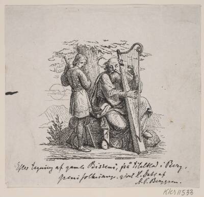 En gammel harpespiller og en dreng under et træ.