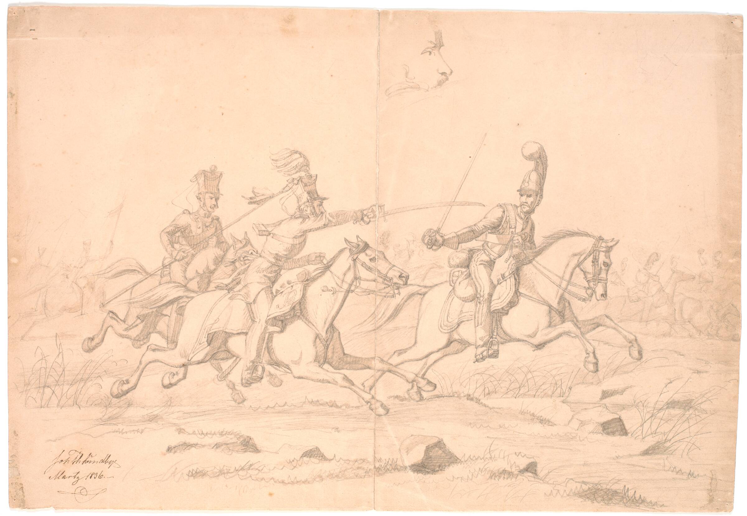 En rytterfægtning; foroven et studie af et hoved, Johan Thomas Lundbye, 1836