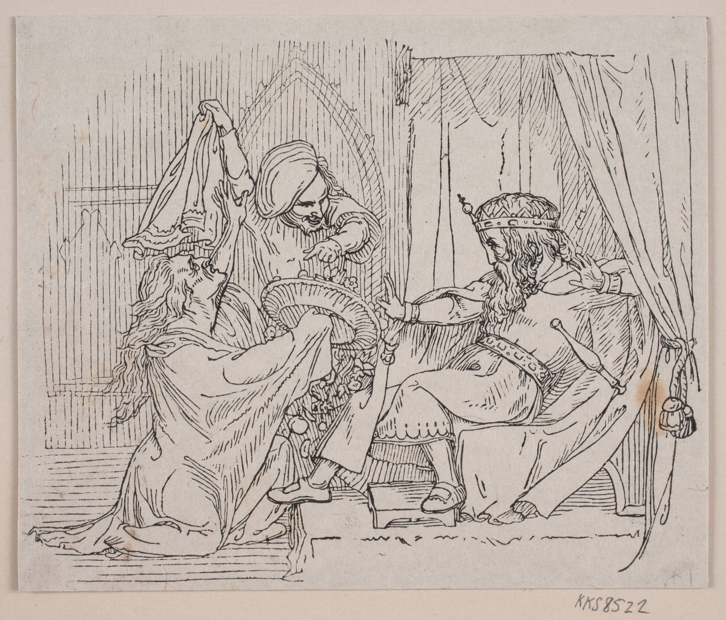 En konge taber sceptret af forfærdelse. Forarbejde til Uglspil-billederne, Andreas Flinch, 1840