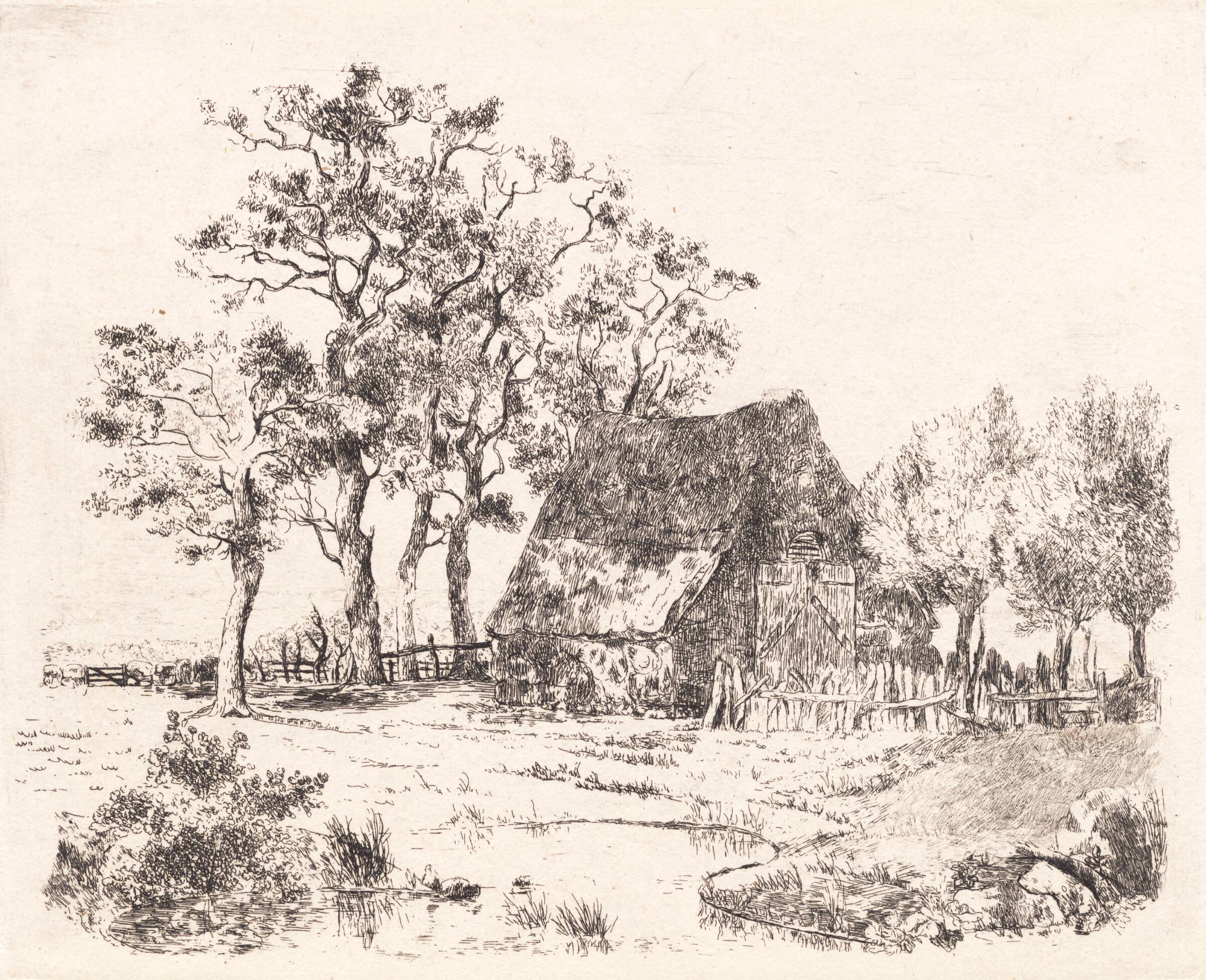 Et stråtækt hus imellem træer, Thorald Læssøe, 1833