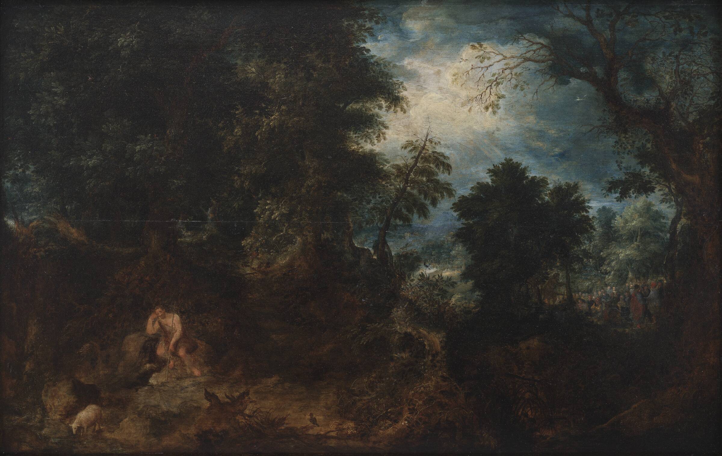 Skovlandskab med Johannes Døberen i ødemarken, Johannes Døberens prædiken og Jesu dåb, Abraham Govaerts, 1604-1626
