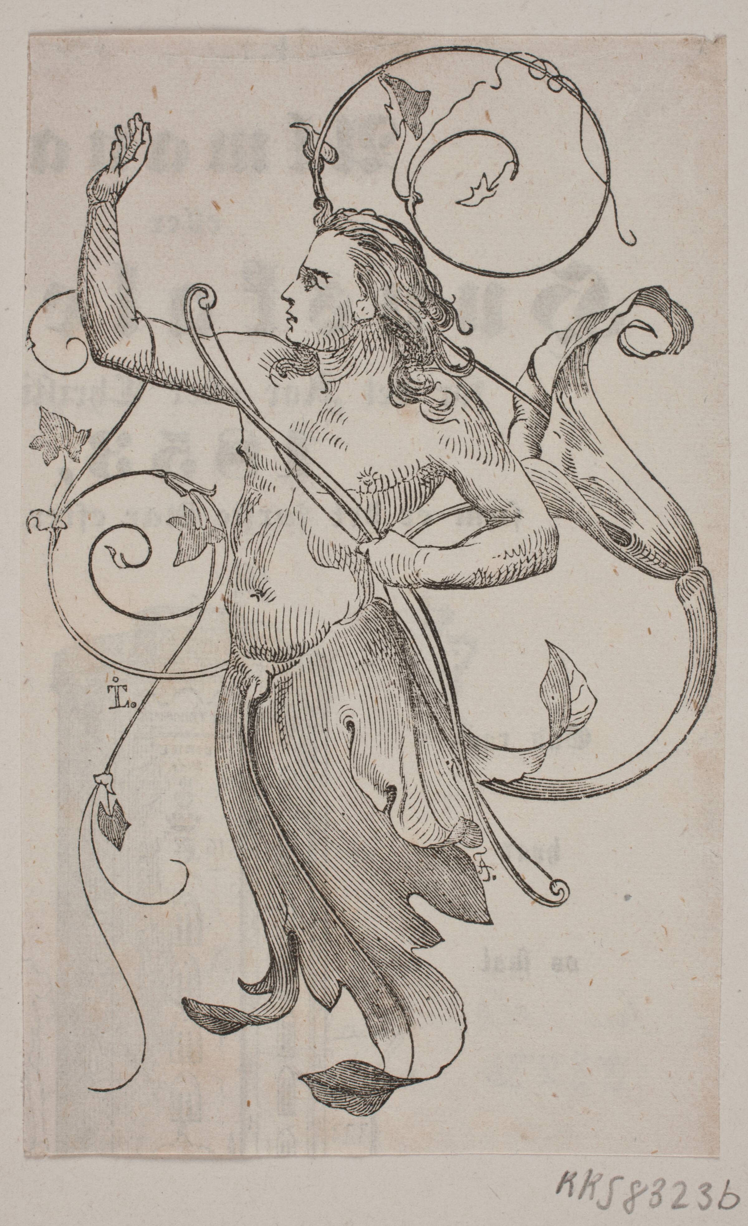 Genius med bue i venstre hånd og højre hånd hævet mod en kronet fugl, Andreas Flinch, 1843
