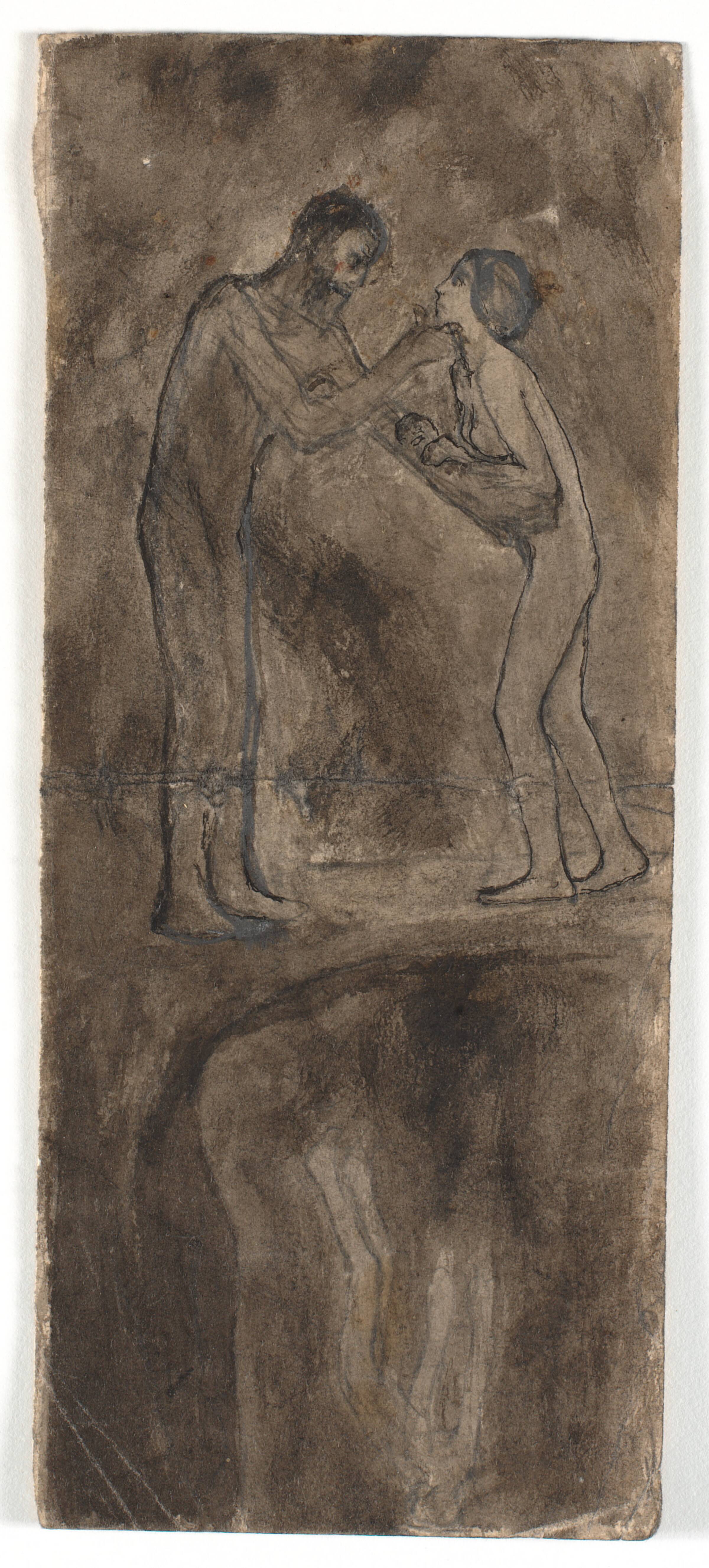 Kompositionsskitse, nøgen mand og kvinde med barn. I underkanten, omvendt på hovedet, nøgen figur, Isakson, Karl, 1893-1896