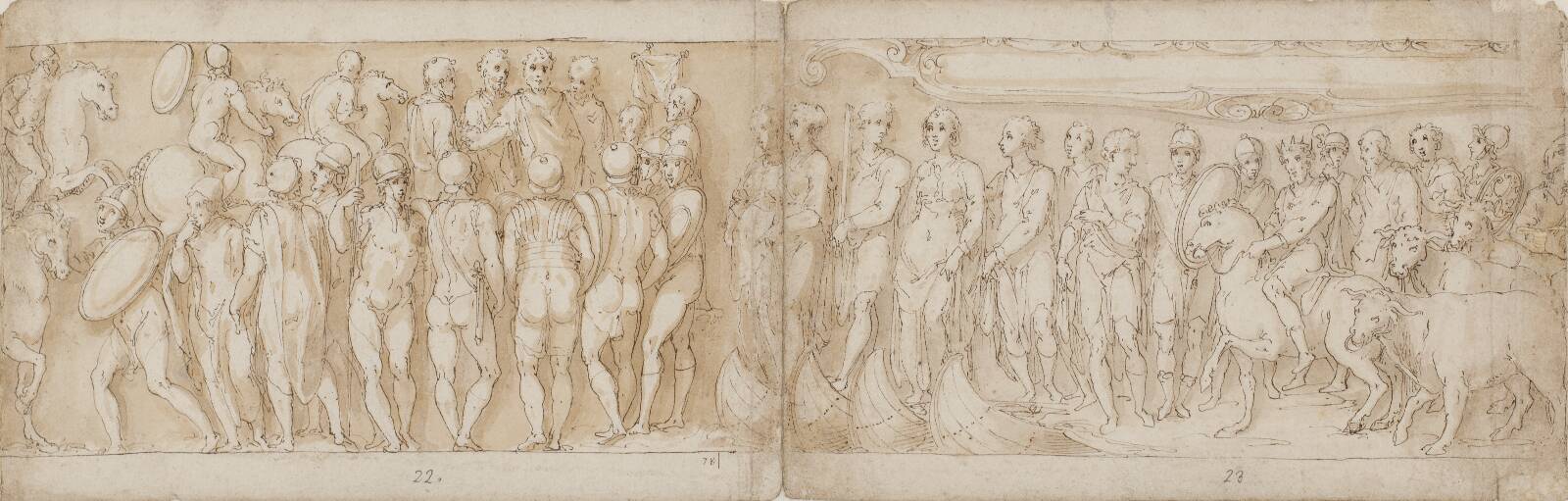 Barbarians hail the emperor (CXIV); Germans and Sarmatians are brought across the Danube by ship (interpreted differently by Guerra; CXV), by Giovanni Guerra, 1544-1618