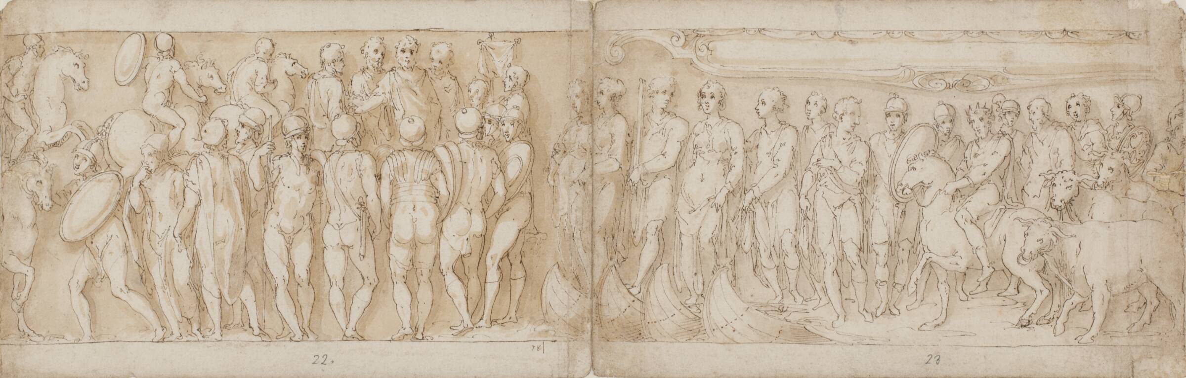 Barbarer hylder kejseren; germanere og sarmater bringes over Donau med skib, Джованни Гуэрра, 1544-1618