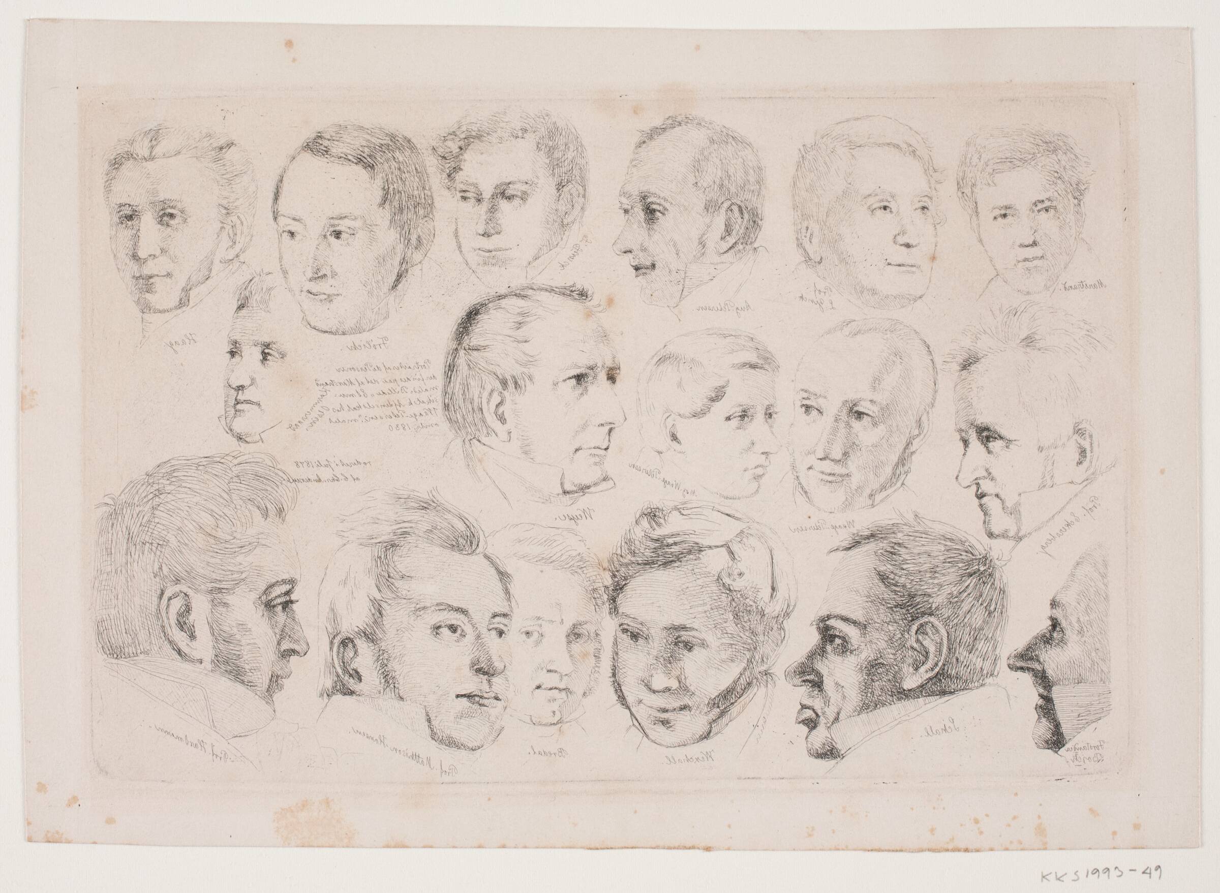 Portrætter af de 17 mandlige personer på W.Marstrands maleri: "Et musikalsk aftenselskab" 1834, C.C. Andersen, 1878