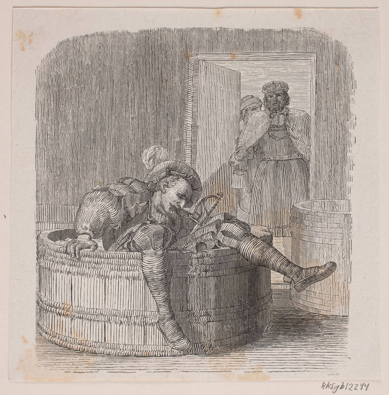 En ridder i et vinfad, Balzer Dahl, 1825-1893