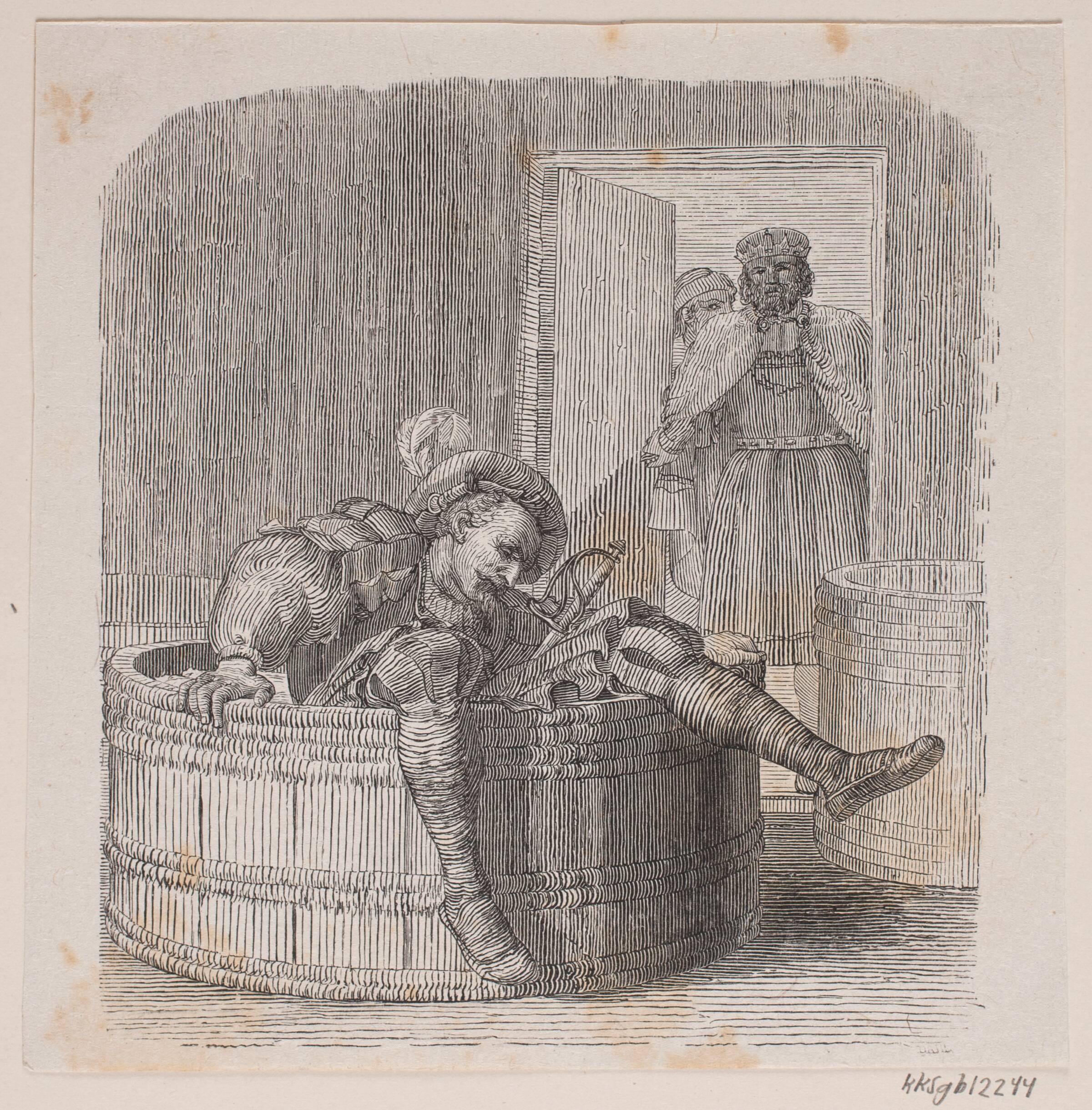 En ridder i et vinfad, Balzer Dahl, 1825-1893