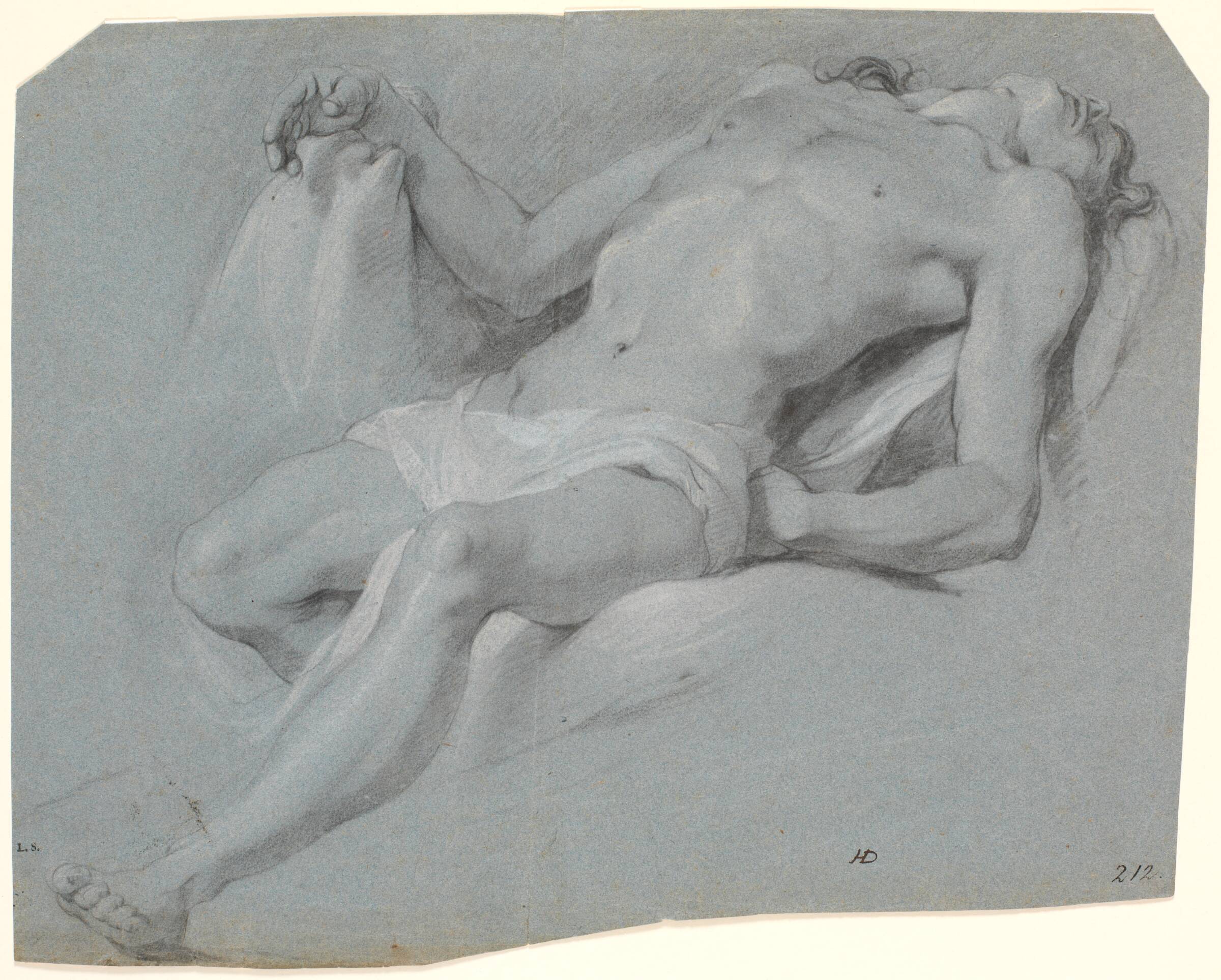 Liggende mandlig model; studie til pietà?, Heinrich Dittmers, 1625-1677