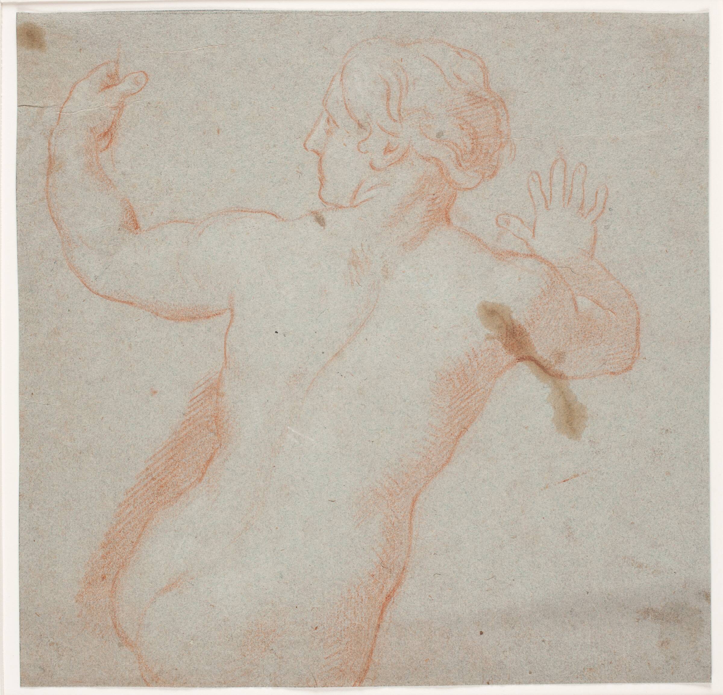 Nøgen kvinde med fremstrakte arme, set fra ryggen. (En flygtende nymfe), Hendrik Krock, 1671-1738