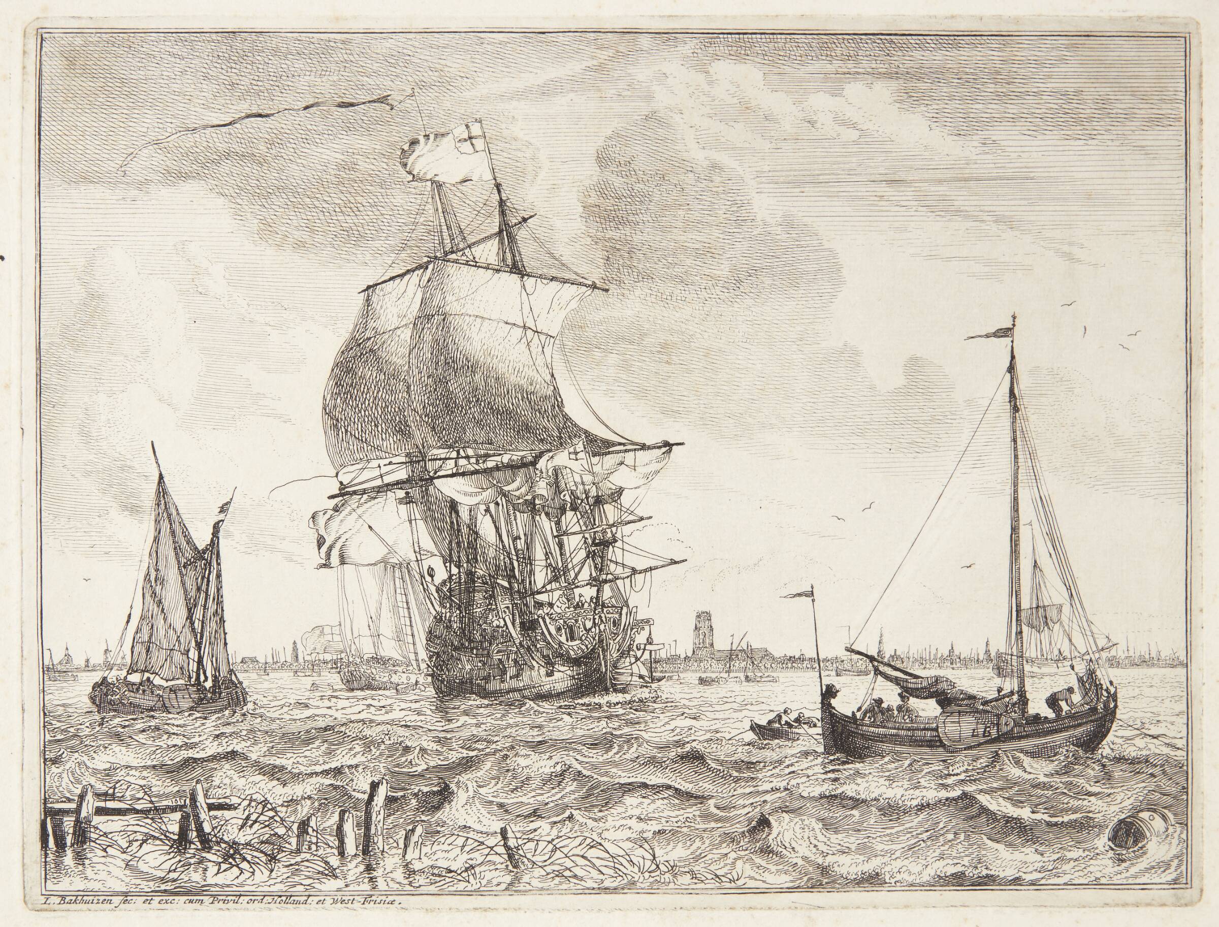Orlogsfartøj og sejlskibe ud for den hollandske kyst, Ludolf Bakhuizen, 1701