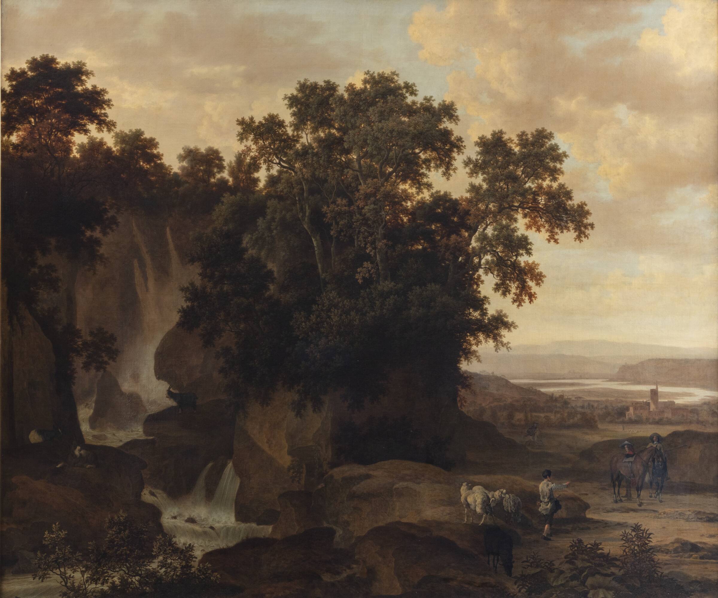 Træbevoksede klipper med et vandfald, Johan le Ducq, 1630-1669