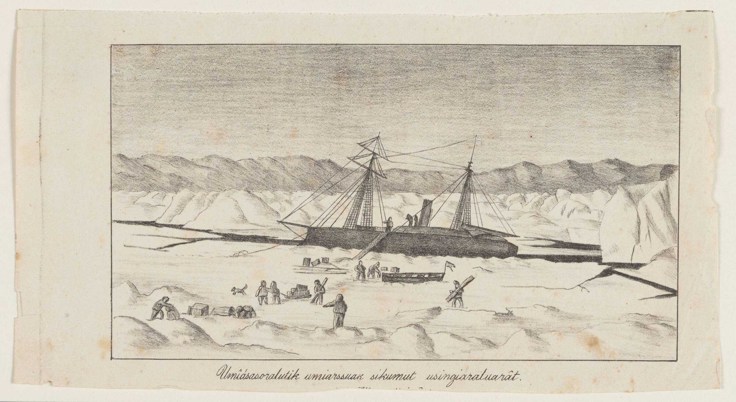 Tomastet skib liggende i en rende i et tilfrosset hav ("Usnîásasoralutik umiarssuaK sikumut usingiarätuarât"), Lars Møller, 1878-1879