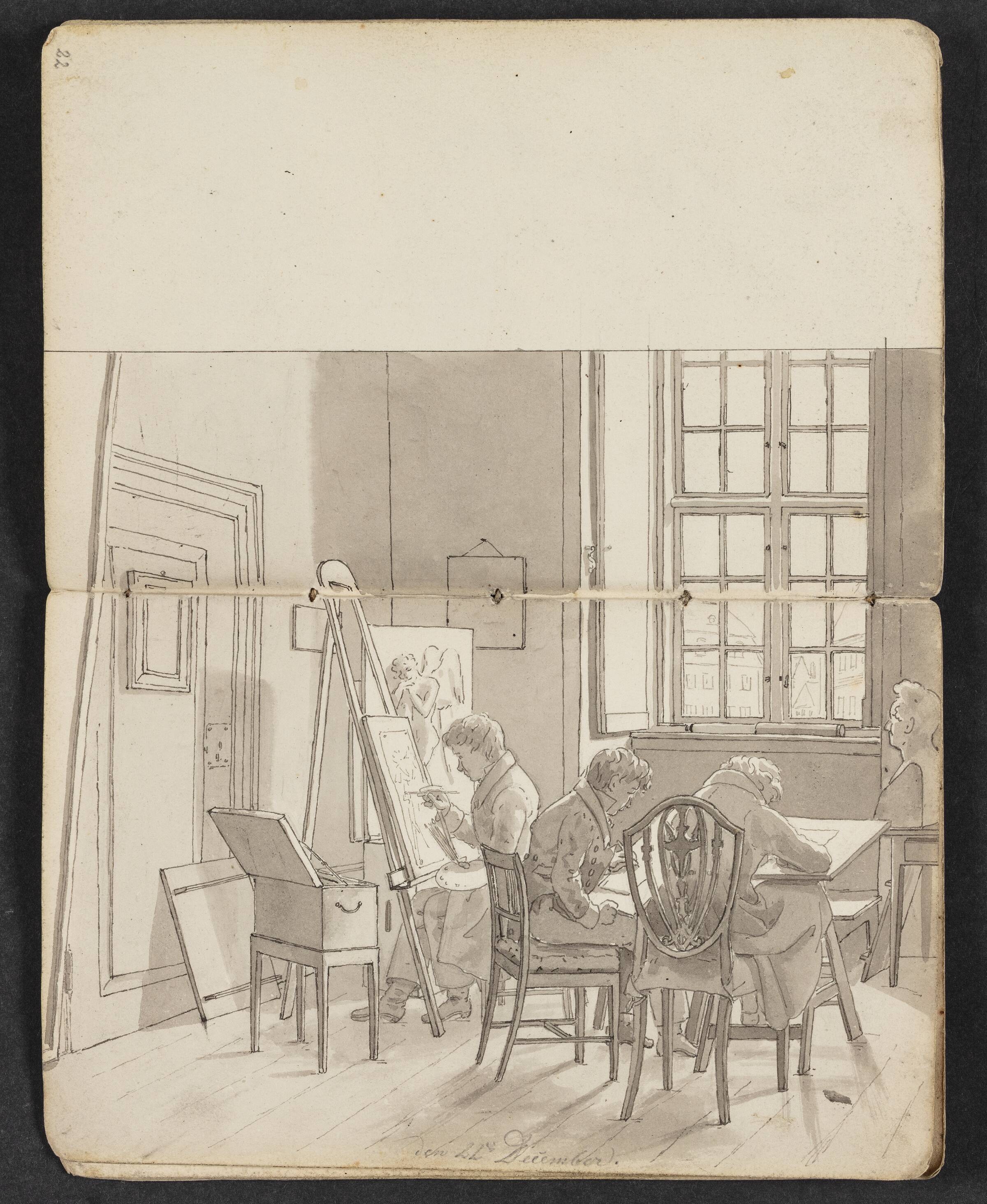 Interiør fra akademiet med malende og tegnende kunstnere, Martinus Rørbye, 1825-1826