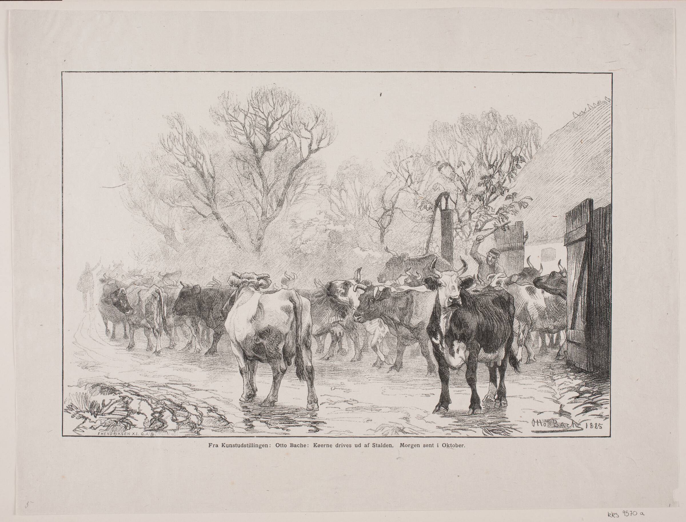 Køerne drives ud af stalden. Morgen sent i oktober, Oscar Andersen, 1885-1906