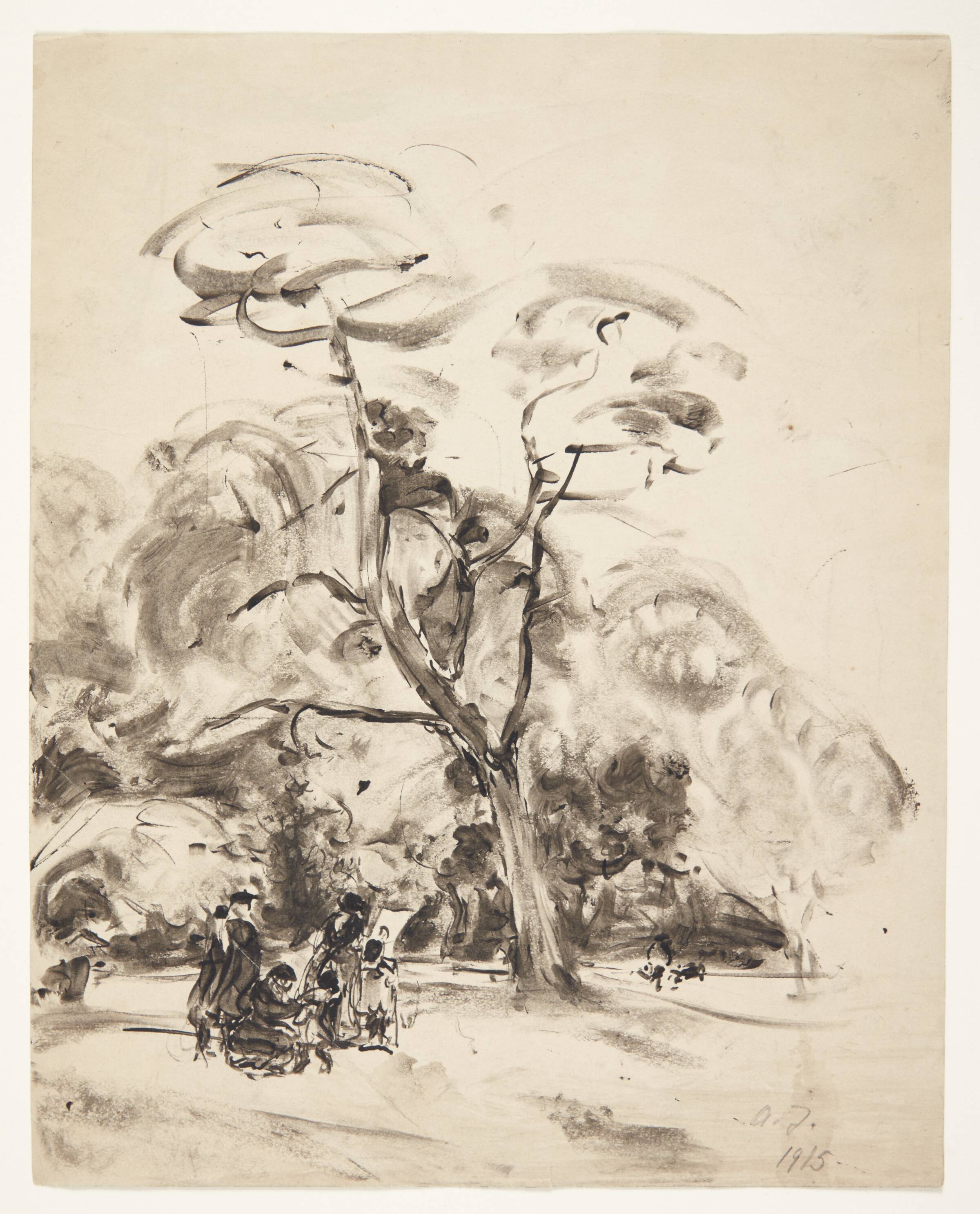 Mennesker i en park under enligtstående træ, Aksel Jørgensen, 1915