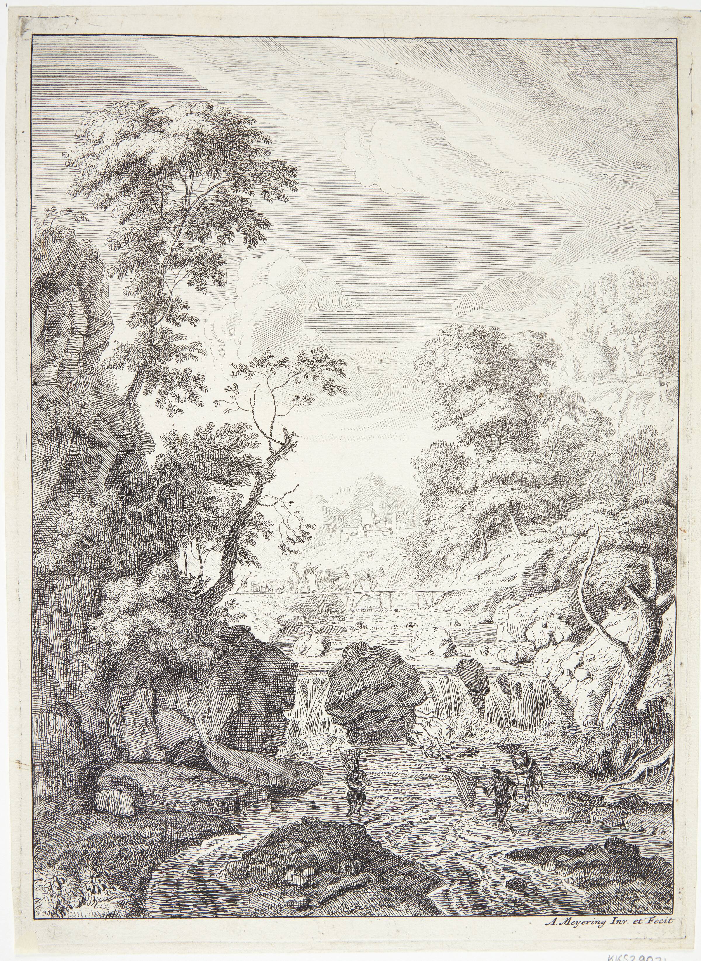 Landskab med et vandfald og to fiskere med net, Albert Meyering, 1645-1714