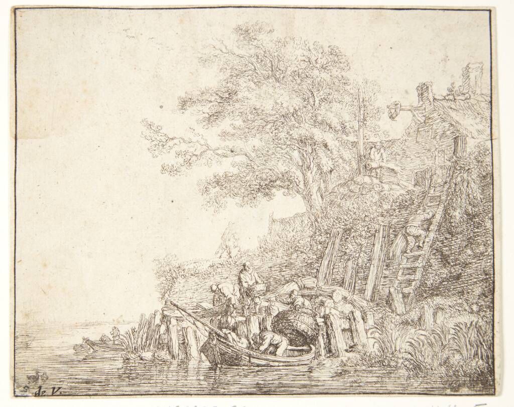 Mænd, der laster en båd med korn, Simon de Vlieger, 1600-1653