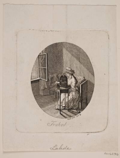 Frihed. Vignet med Dame, der sætter en fugl i frihed