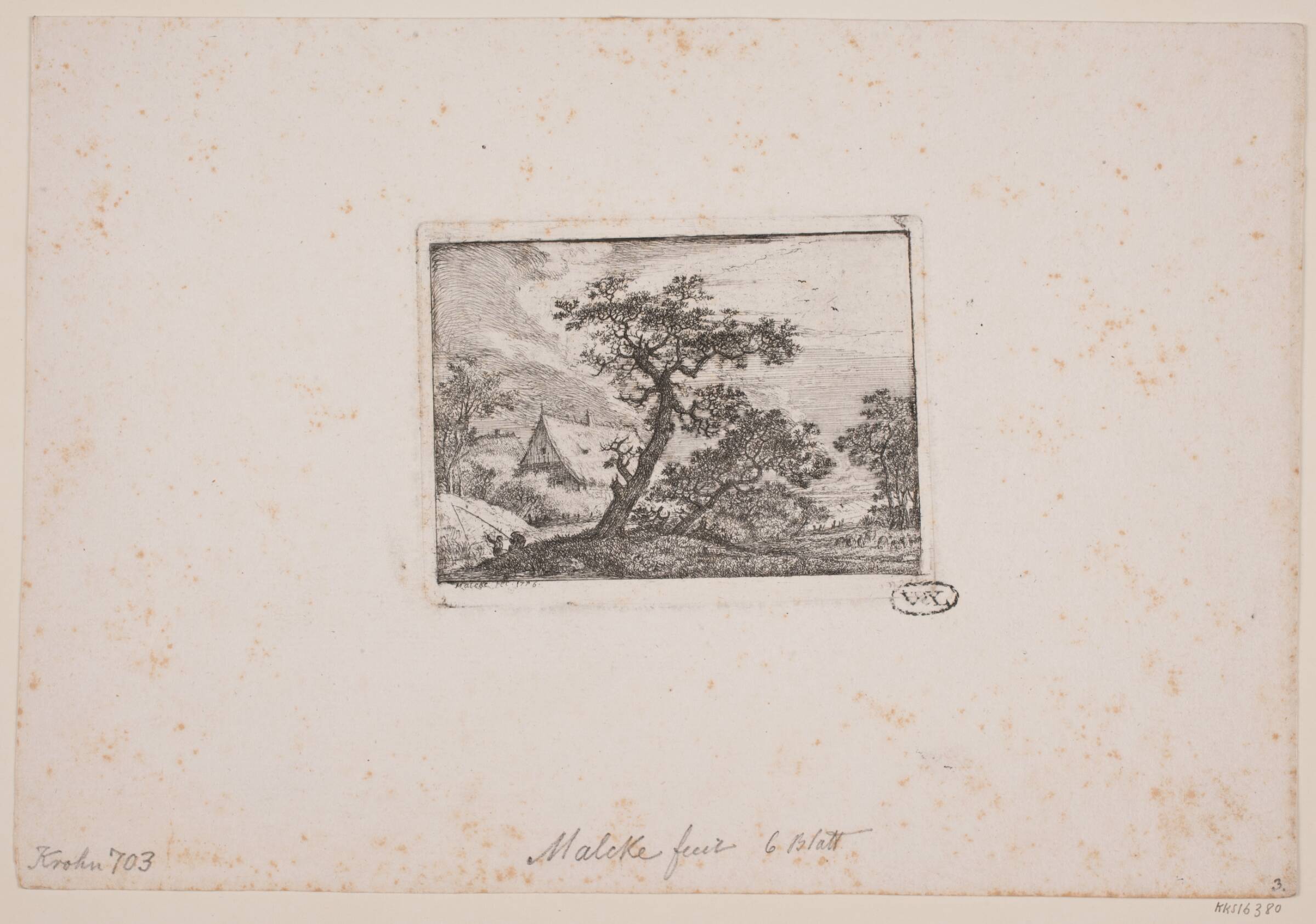 Landskab med store træer og et par huse. I forgrunden to fiskende personer, Simon Malgoc, 1776