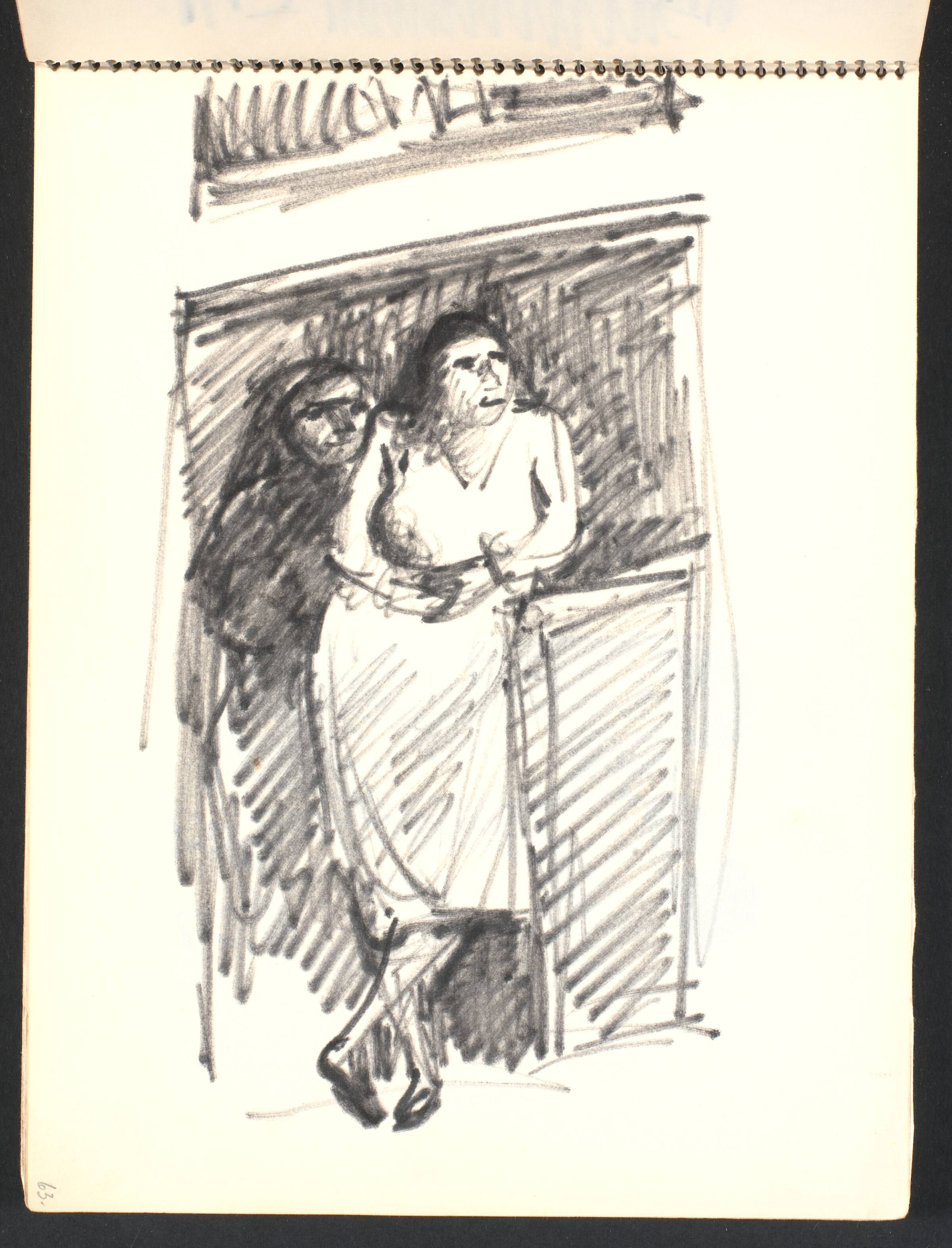 Tre piger og vasketøj i et vindue på første sal, Gottfred Eickhoff, 1952