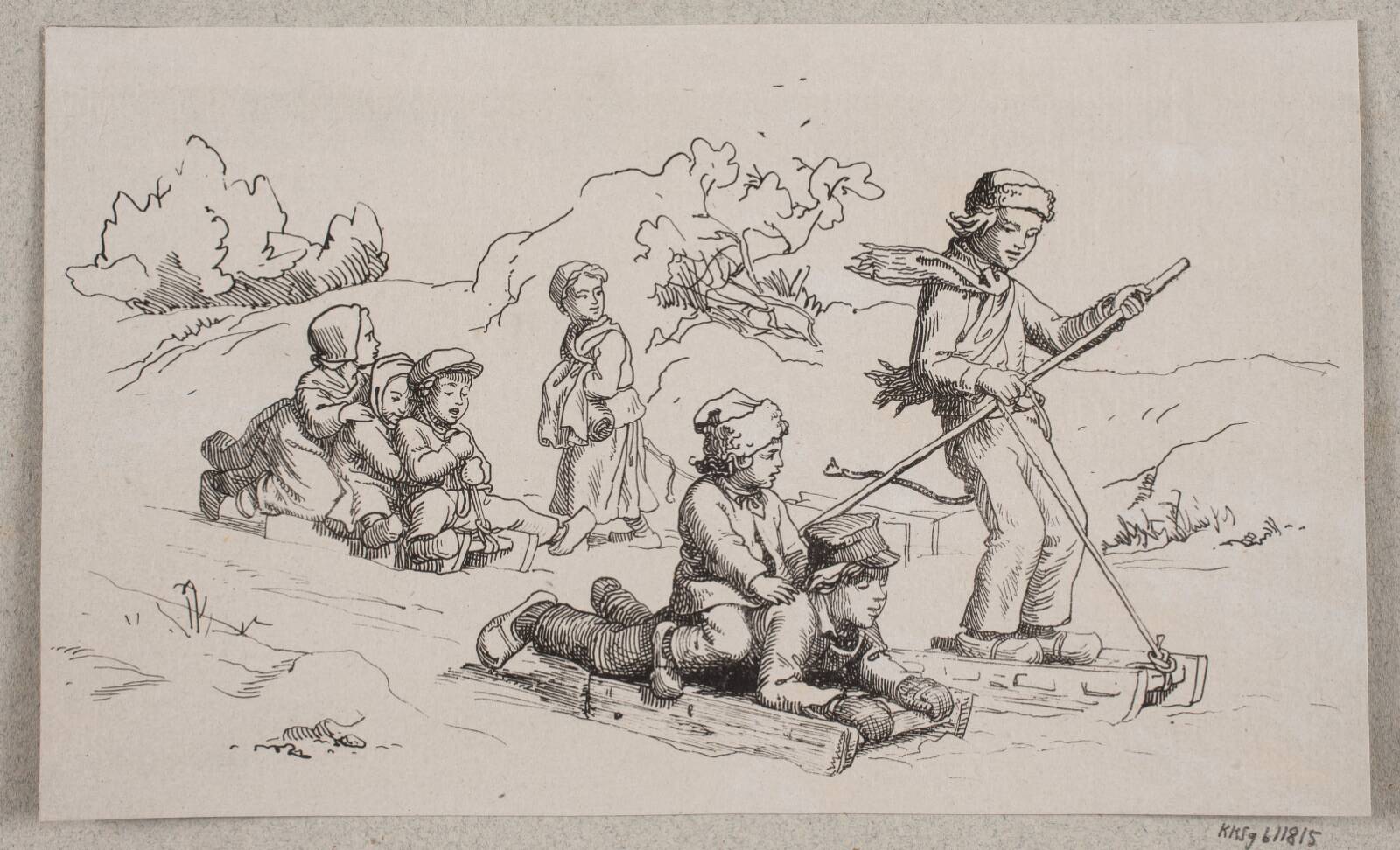 Børn, som kører i slæde, Ubekendt, 1855