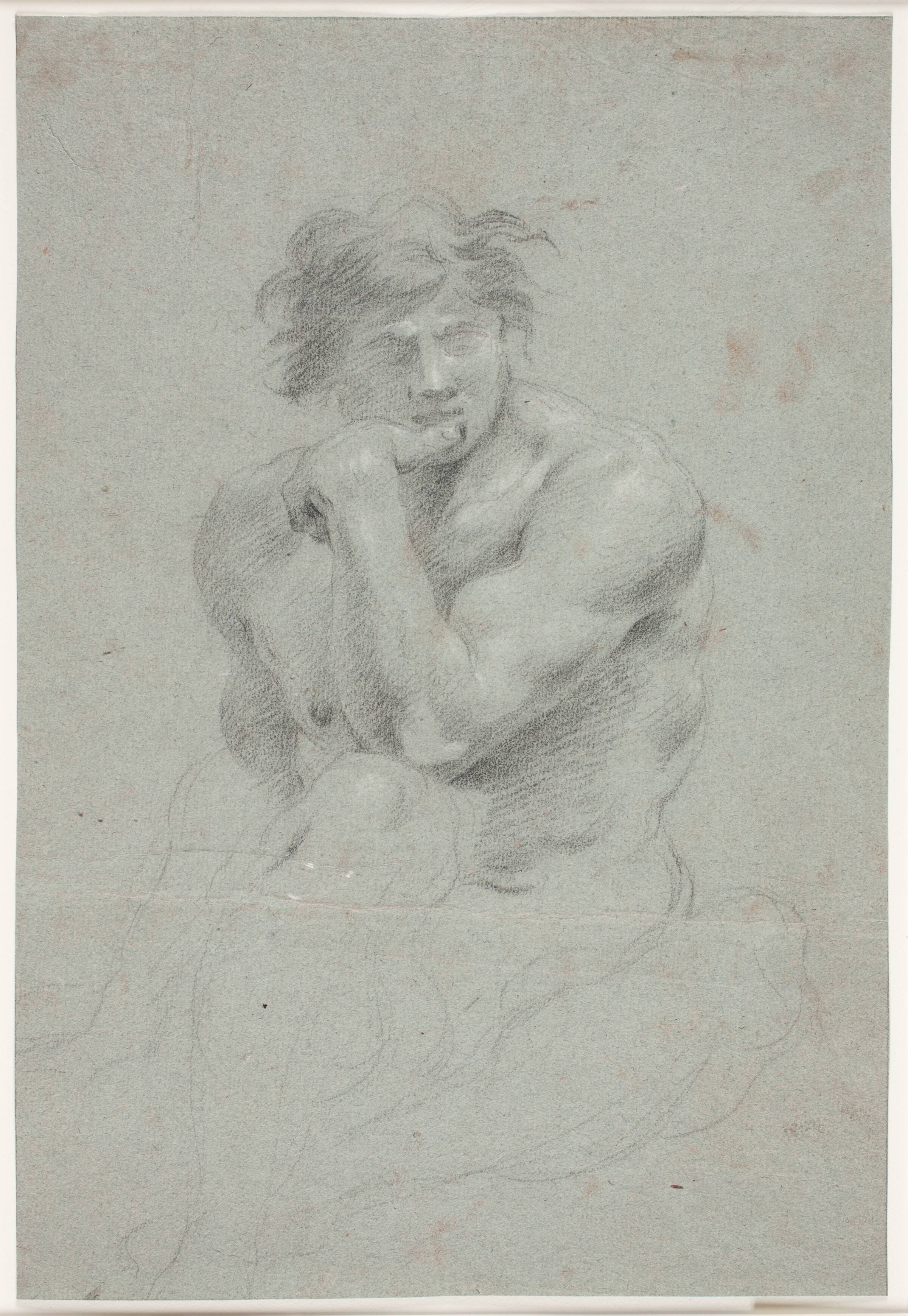 Mandlig modelstudie, overkroppen og underkroppen skitseret, Hendrik Krock, 1671-1738
