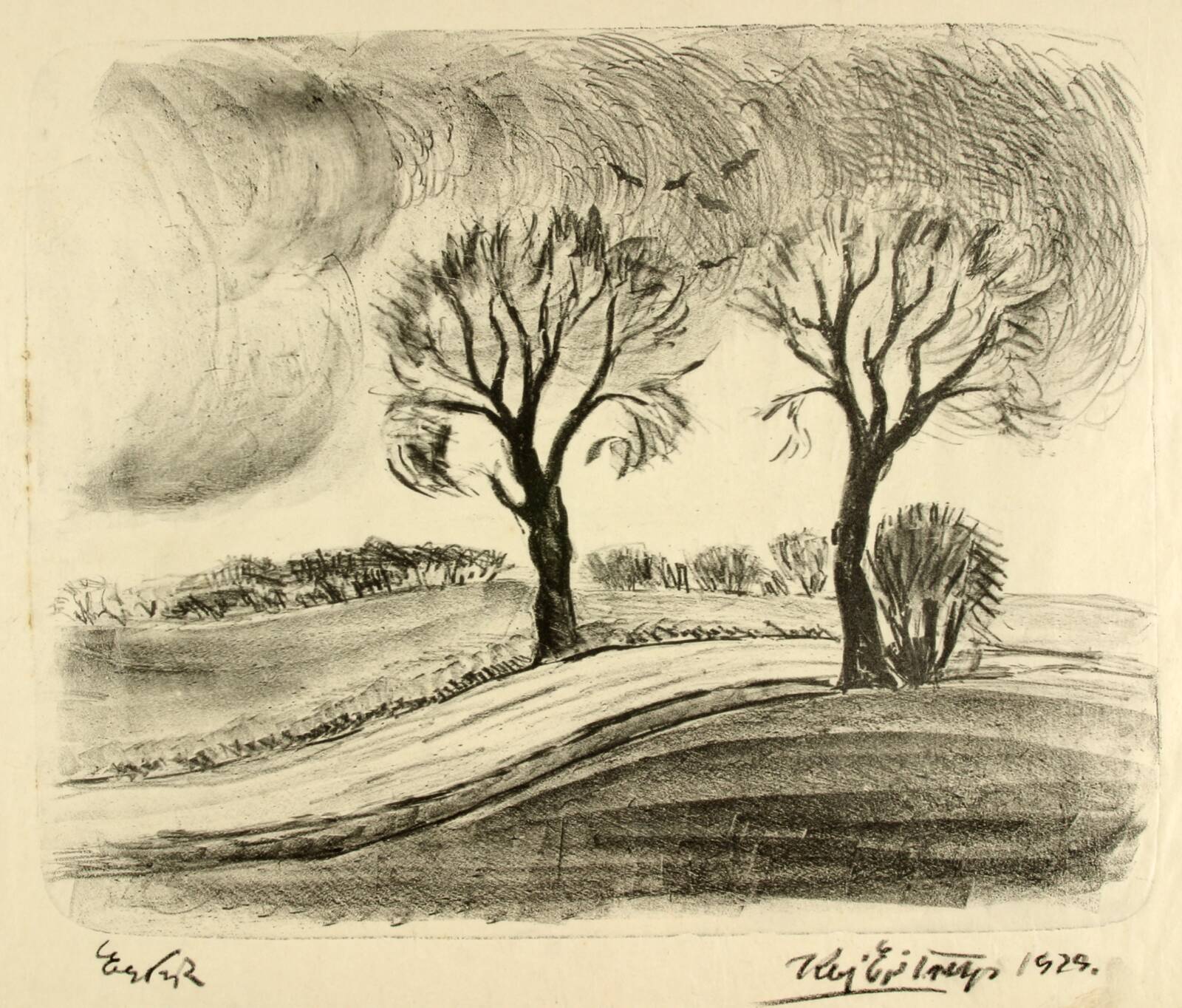 Landskab med to vejtræer, Kaj Ejstrup, 1929
