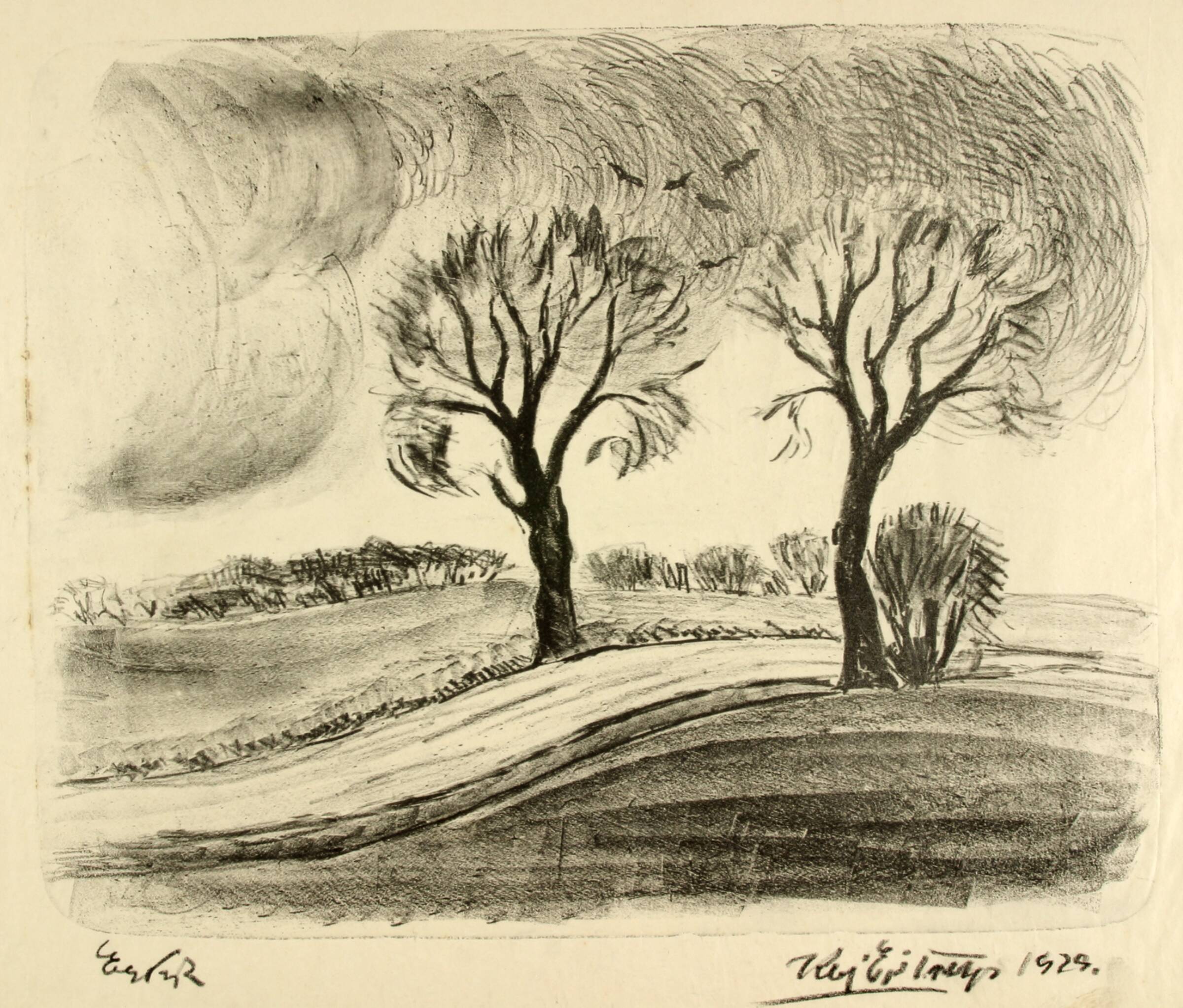 Landskab med to vejtræer, Kaj Ejstrup, 1929