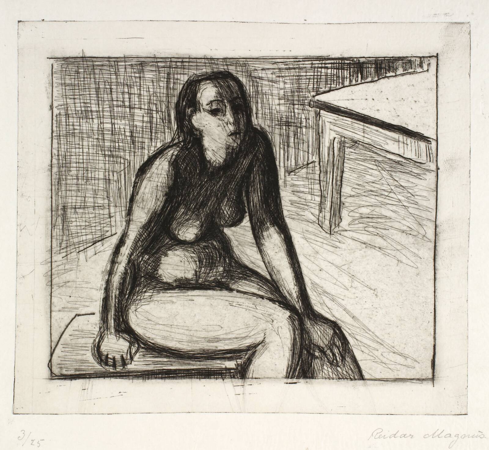 Siddende model ved bord, Reidar Magnus, 1938