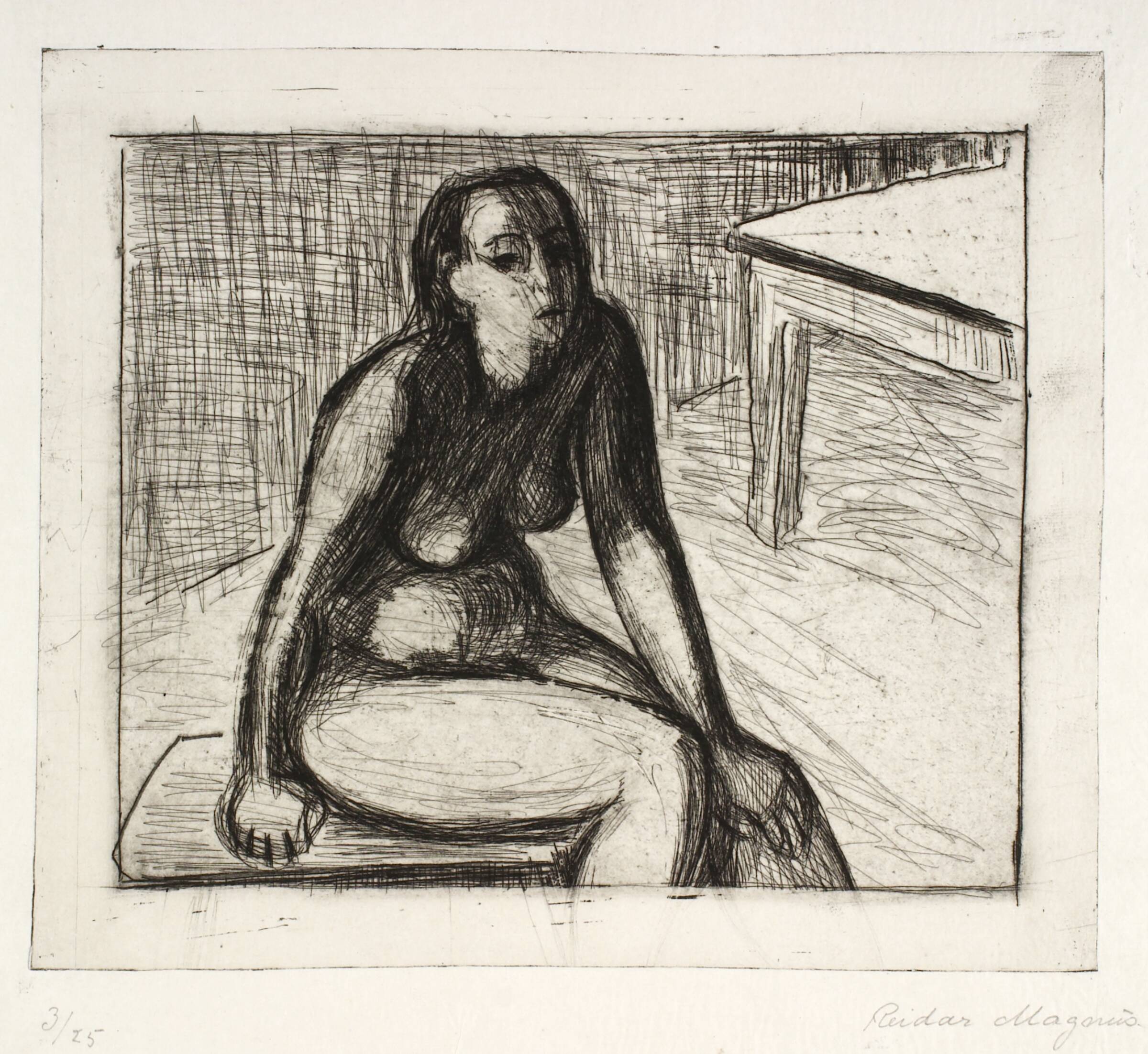 Siddende model ved bord, Reidar Magnus, 1938