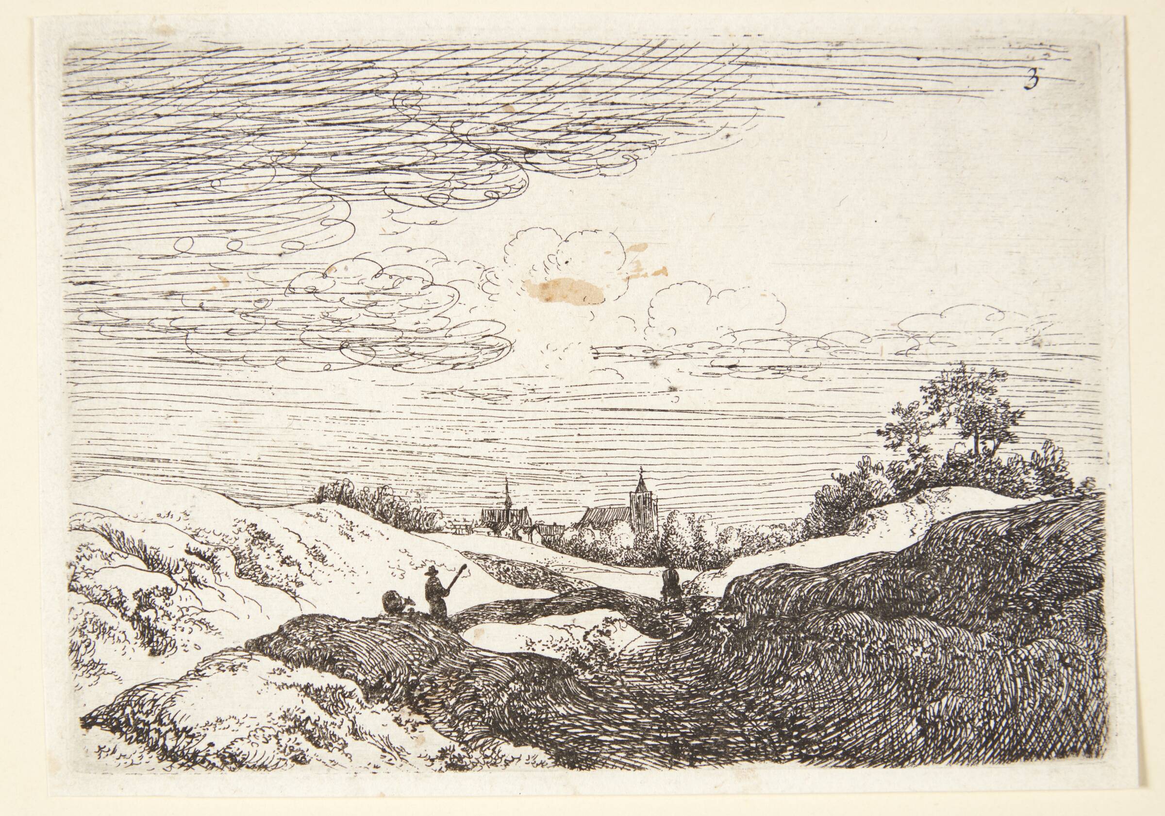 Landskab med en rytter på vej mod en by, t.v. en hyrde, Jan van Aken, 1614-1661