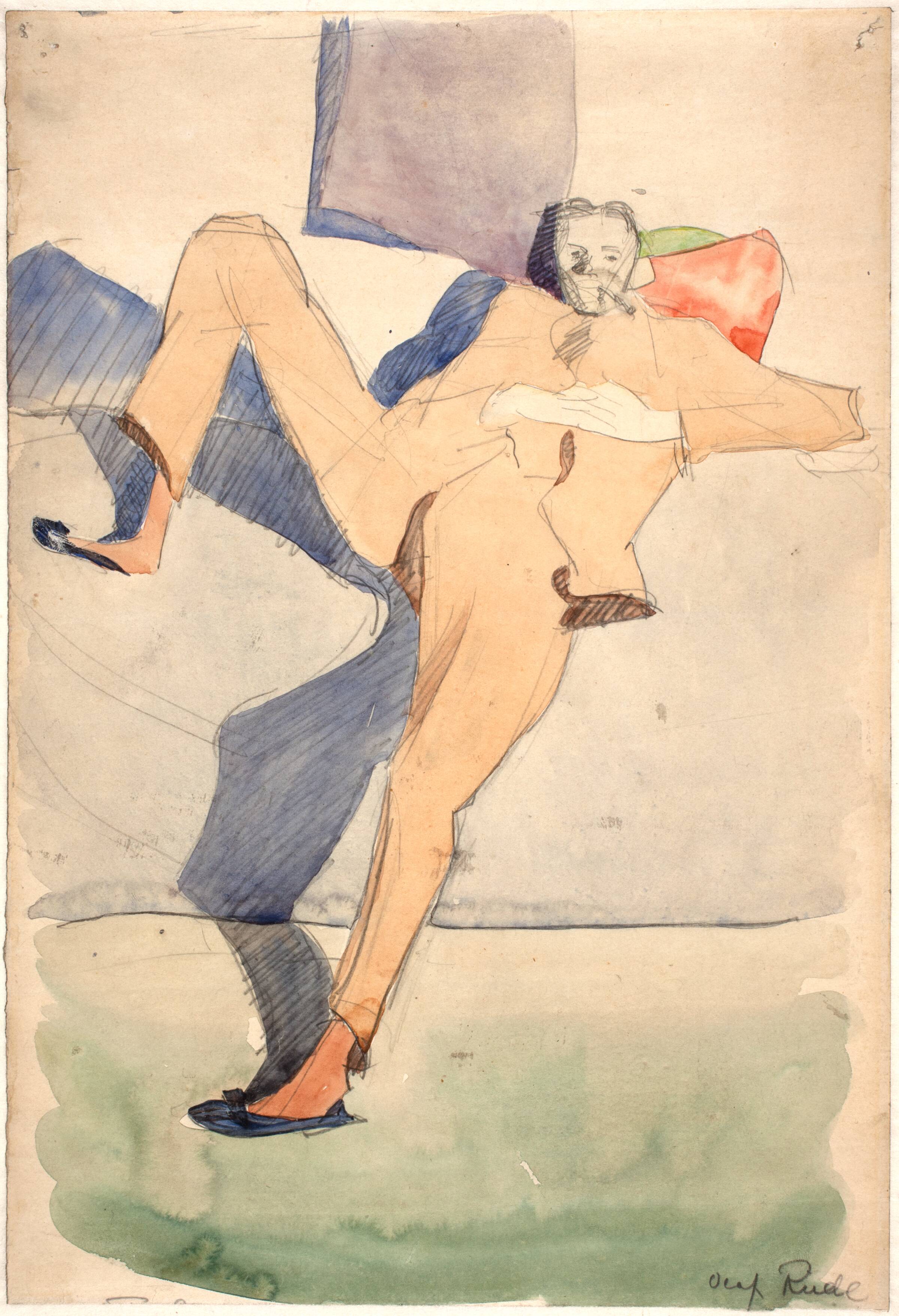 Rygende mand henslængt på en divan, Olaf Rude, 1886-1957