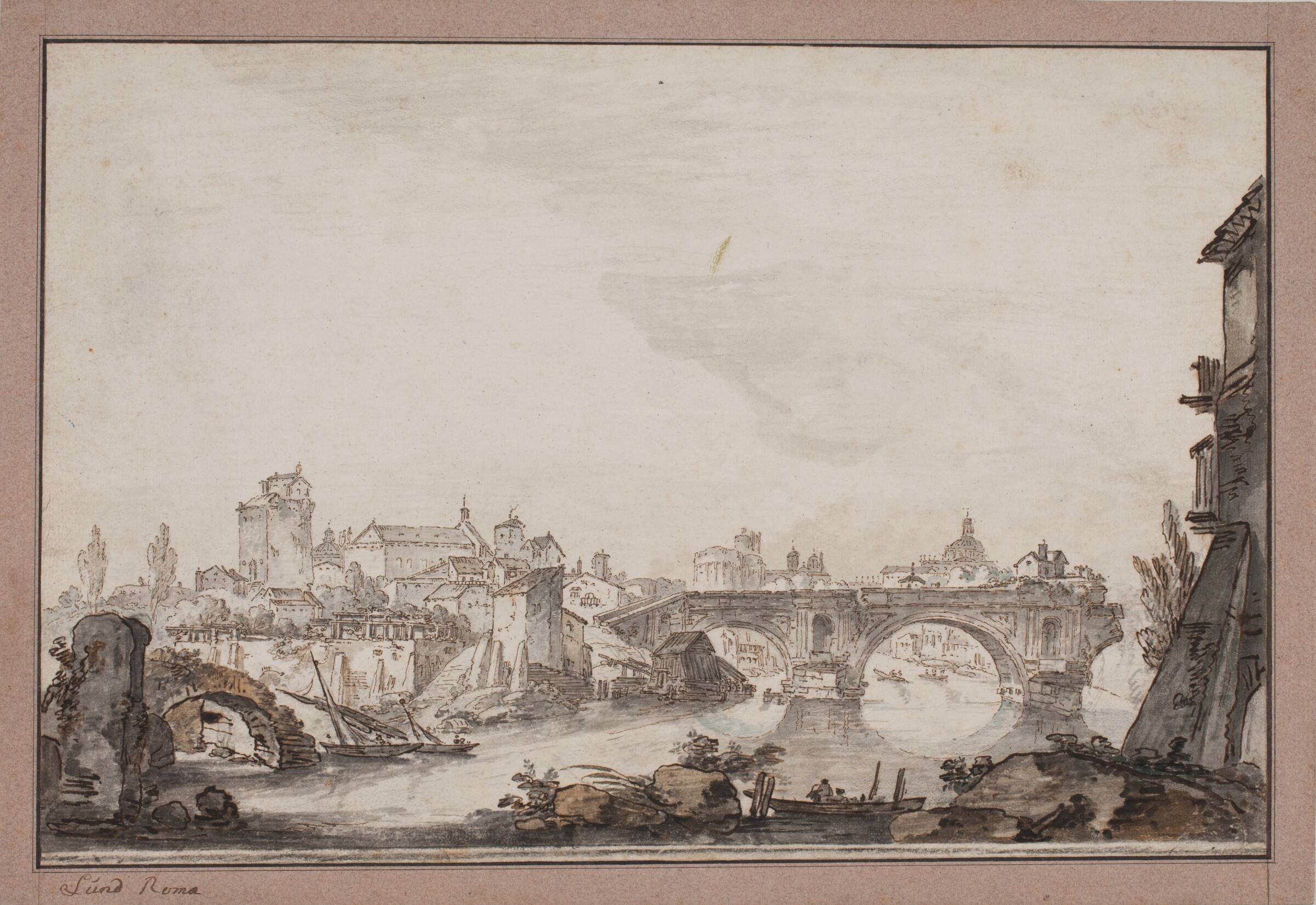 Cappriccio med bl.a. Ponte rotto. Rom, Jens Petersen Lund, 1730-1793