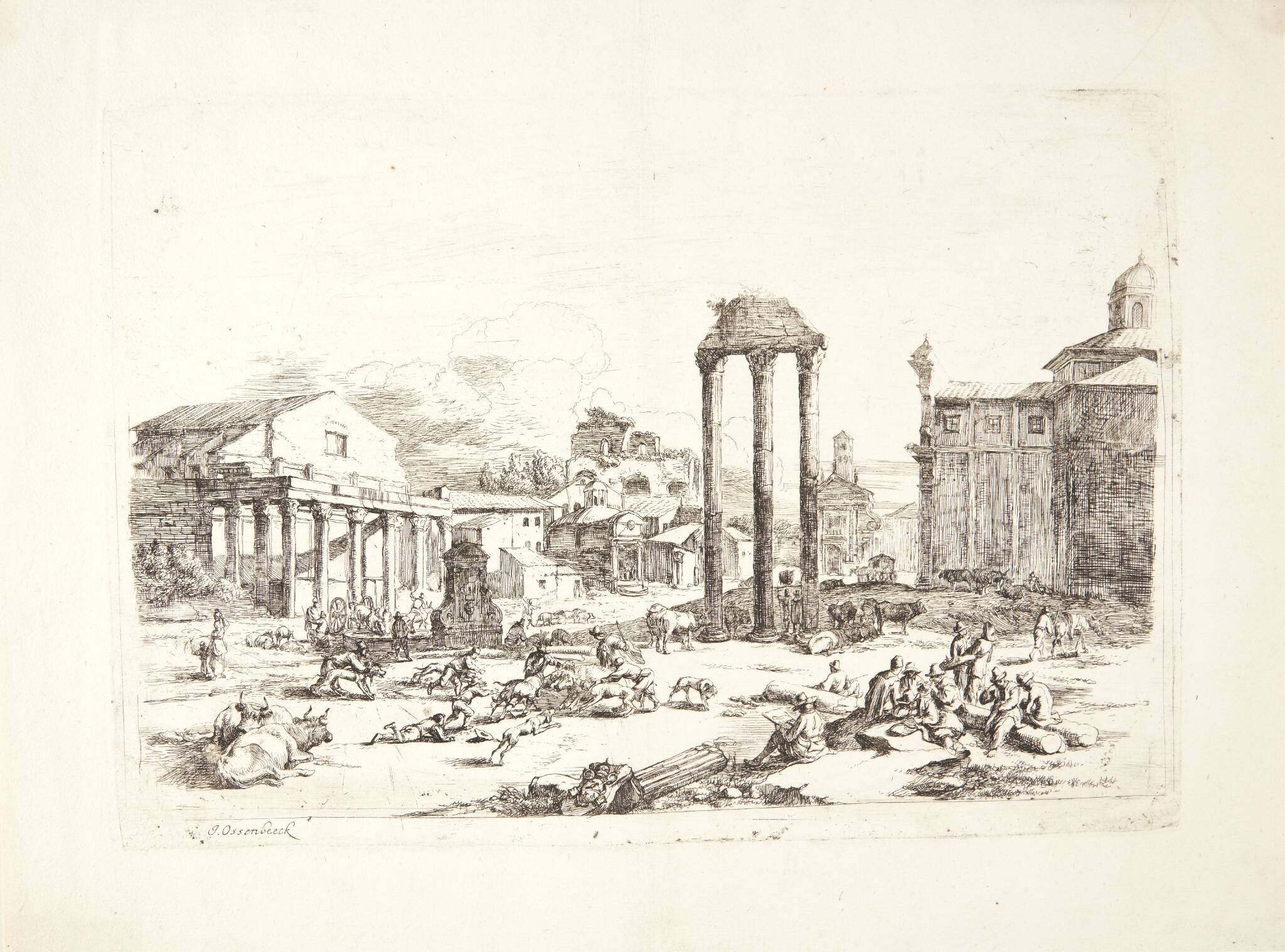 Kvægmarkedet ved Campo Vaccino (Forum Romanum) i Rom med ruinerne af Jupitertemplet