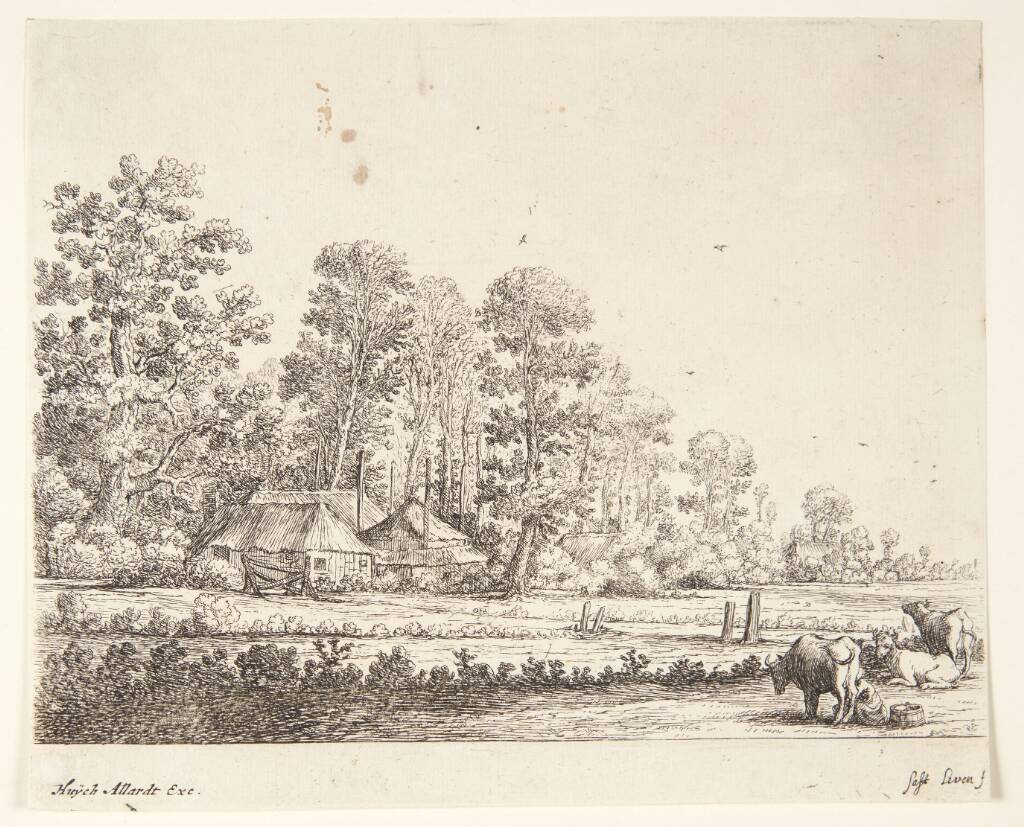 Mark med en pige, der malker en ko, i baggrunden en gård omkranset af træer, Herman Saftleven, 1609-1685