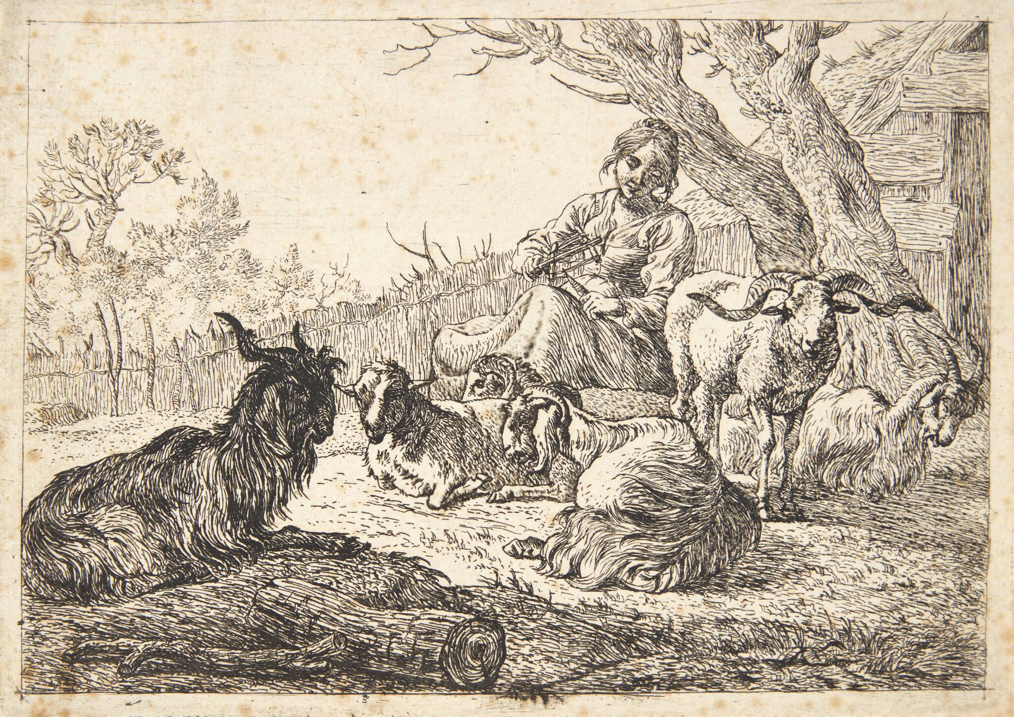 Hyrdinde med en garnvinde, siddende blandt geder