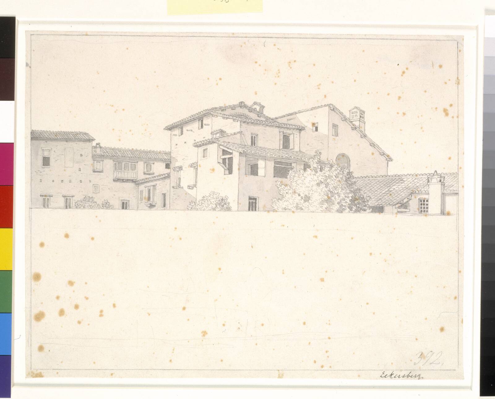 Romerske huse, set over en mur., C.W. Eckersberg, 1813