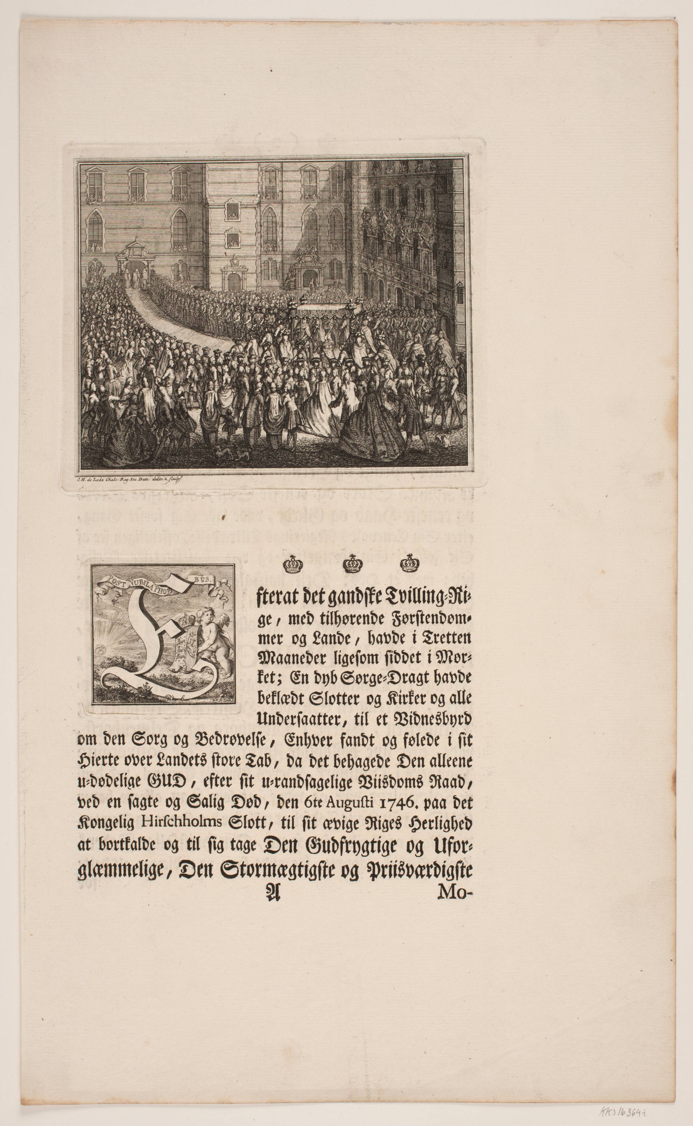 Kong Frederik V i procession til salvingshøjtidelighed i Frederiksborg Slotskirke. Illustration og initial til Frederik d. IV's salvingsakt, Odvardt Helmoldt de Lode, 1749