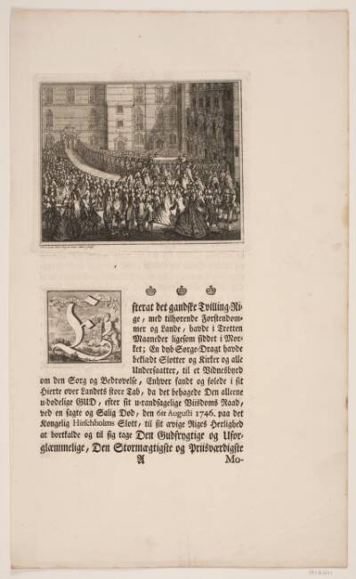 Kong Frederik V i procession til salvingshøjtidelighed i Frederiksborg Slotskirke. Illustration og initial til Frederik d. IV's salvingsakt