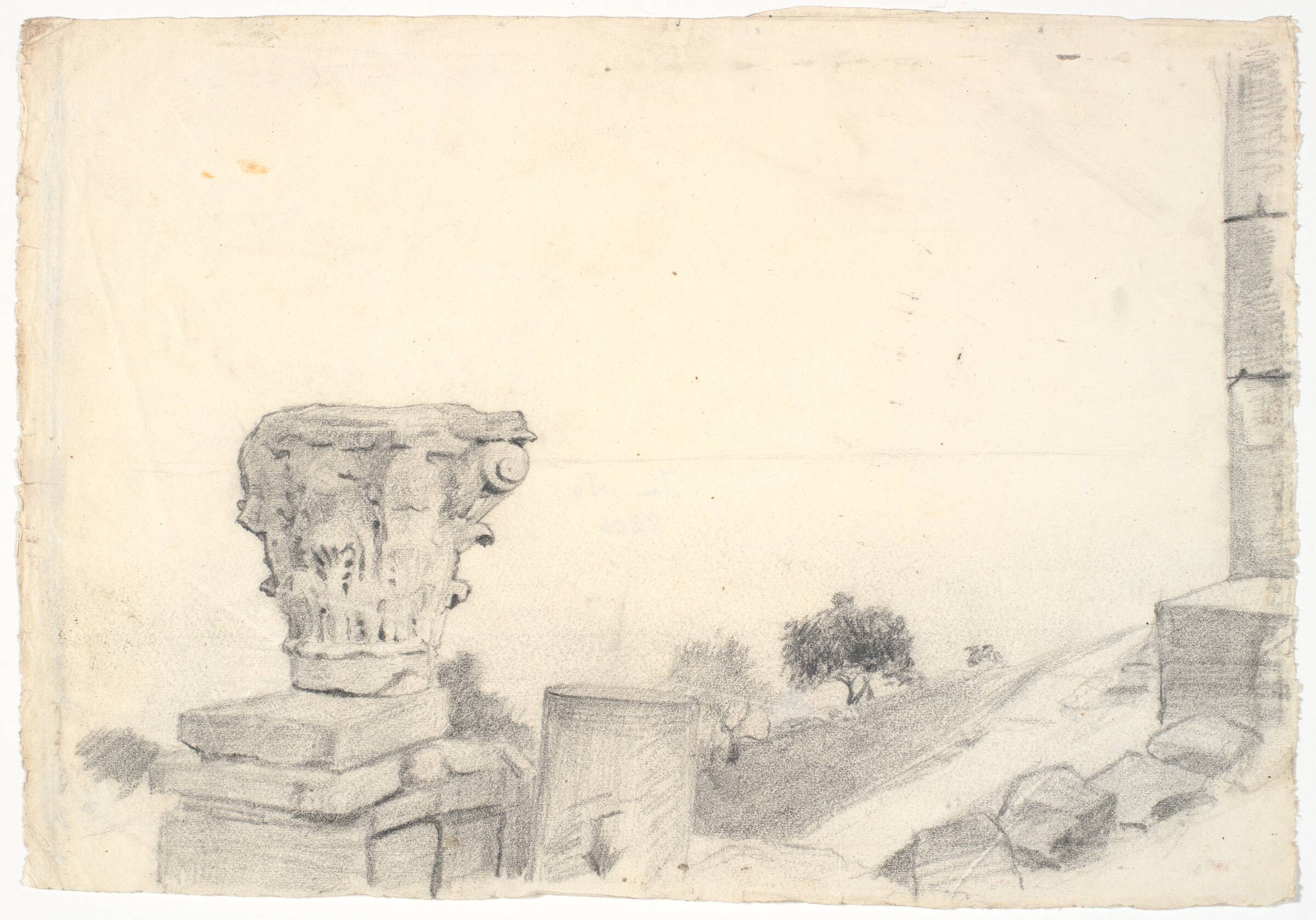 Landskab med et par oliventræer. I forgrunden antik ruin med søjlekapitæl, L.A. Ring, 1893-1895