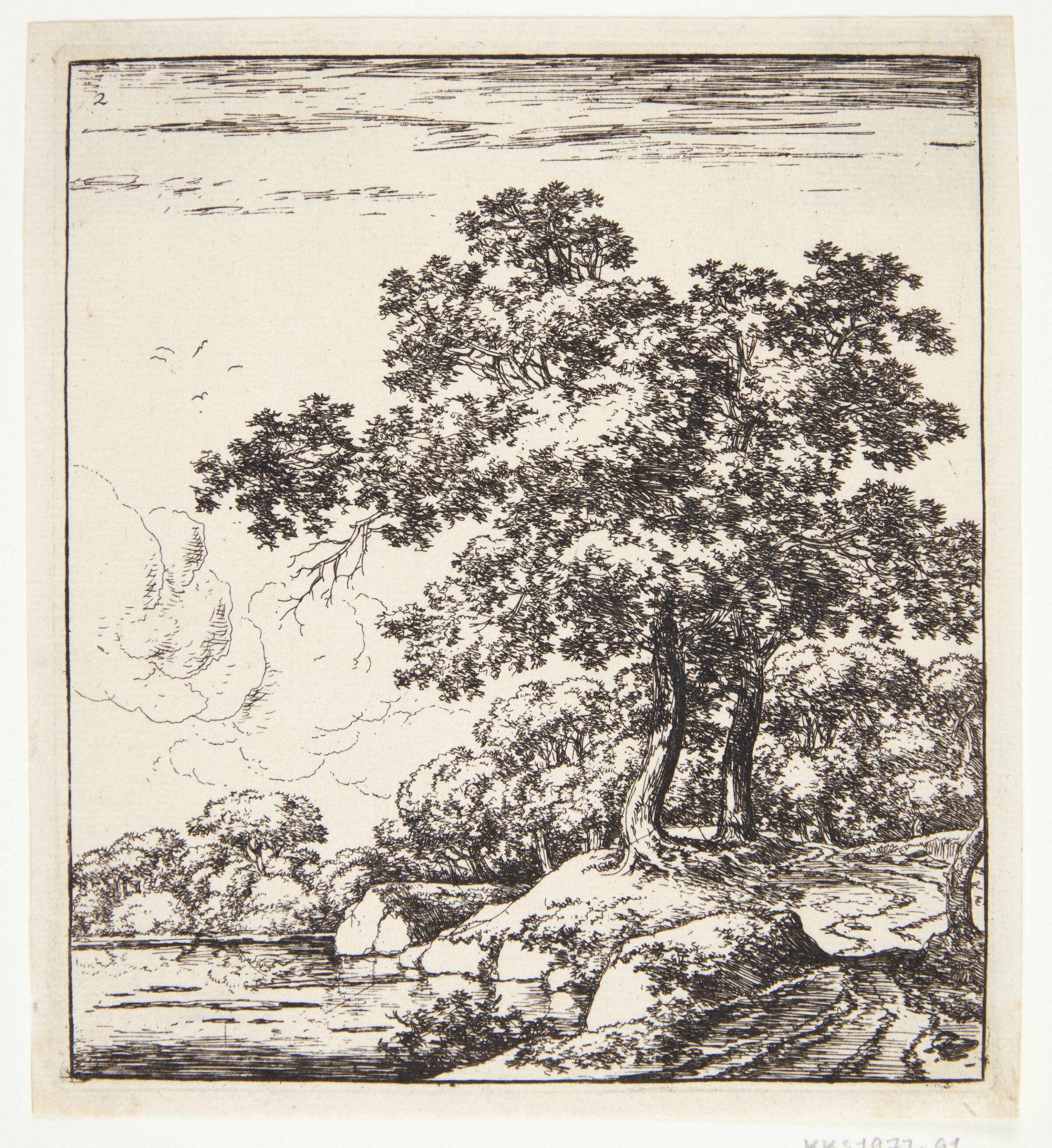 Store træer ved en flodbred, Herman Naiwincx, 1623-1670