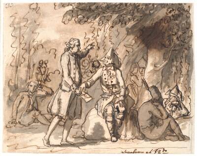 Mirabeau giver kong Frederik II, der sidder i en skov mellem bivouakerende soldater, et dokument med "menneskerettighederne"
